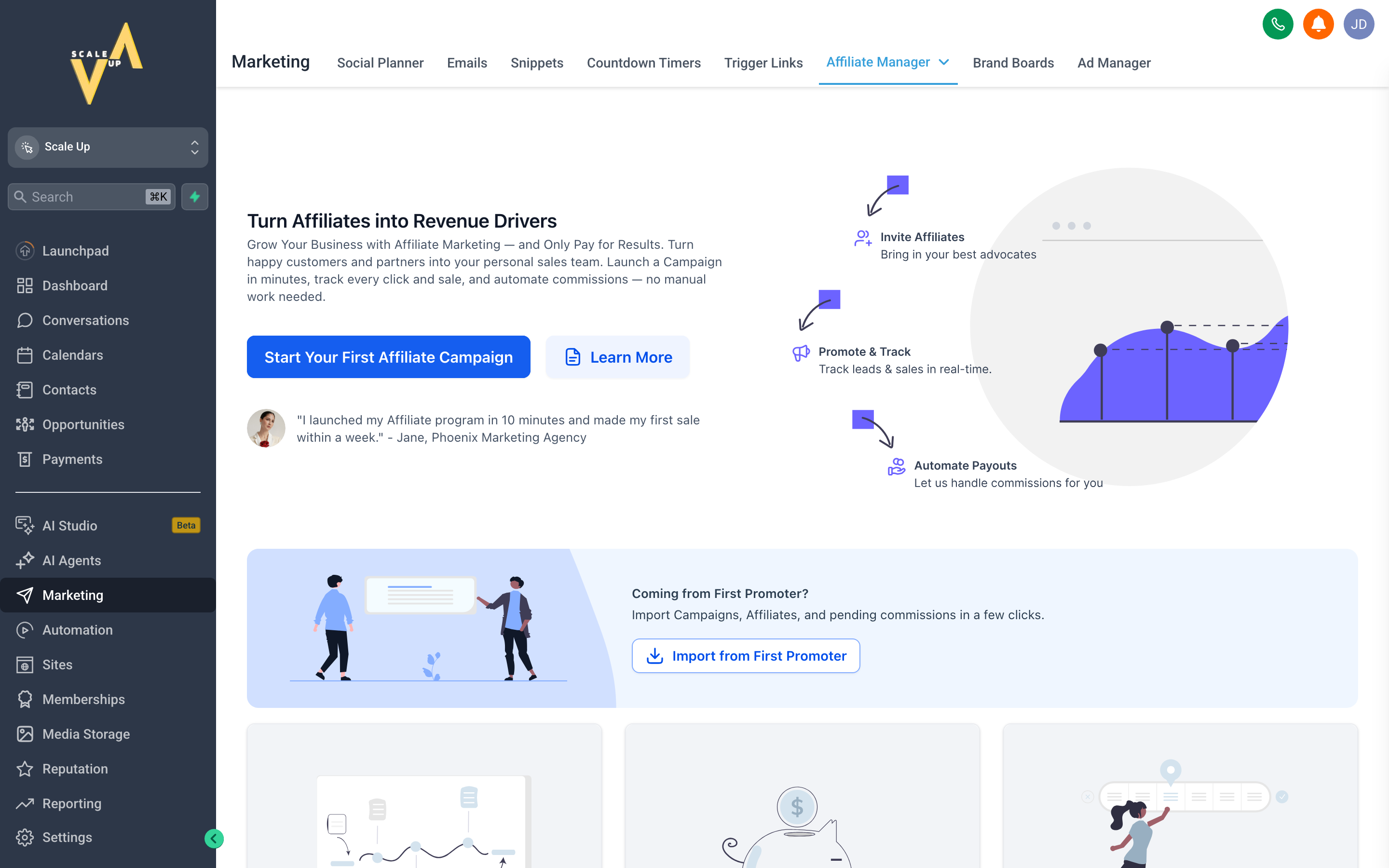 The Affiliate Manager dashboard showing affiliate accounts with their unique referral links, commission rates, conversion counts, and payout totals