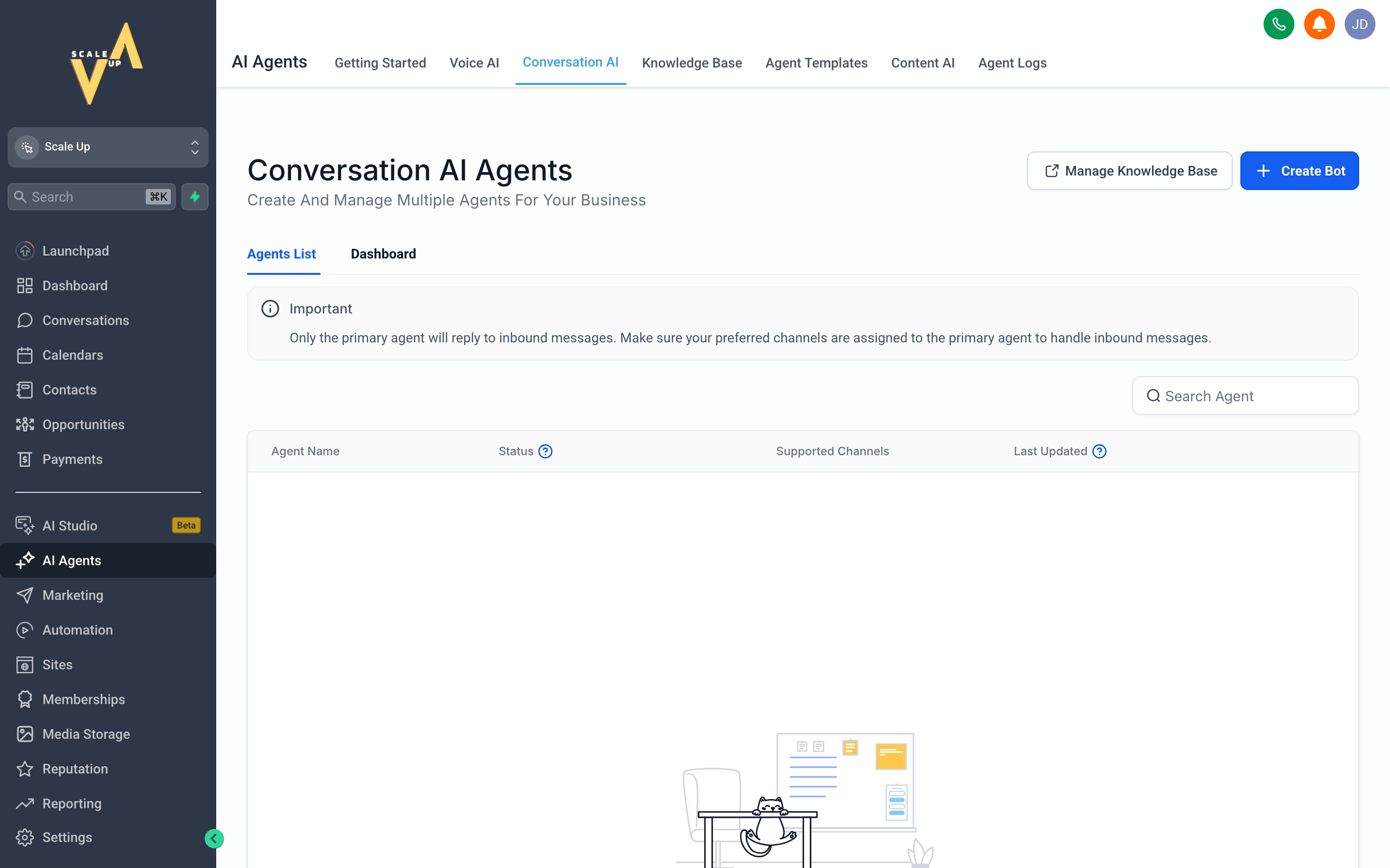 The Conversation AI configuration screen showing the bot persona, knowledge base, and channel toggles