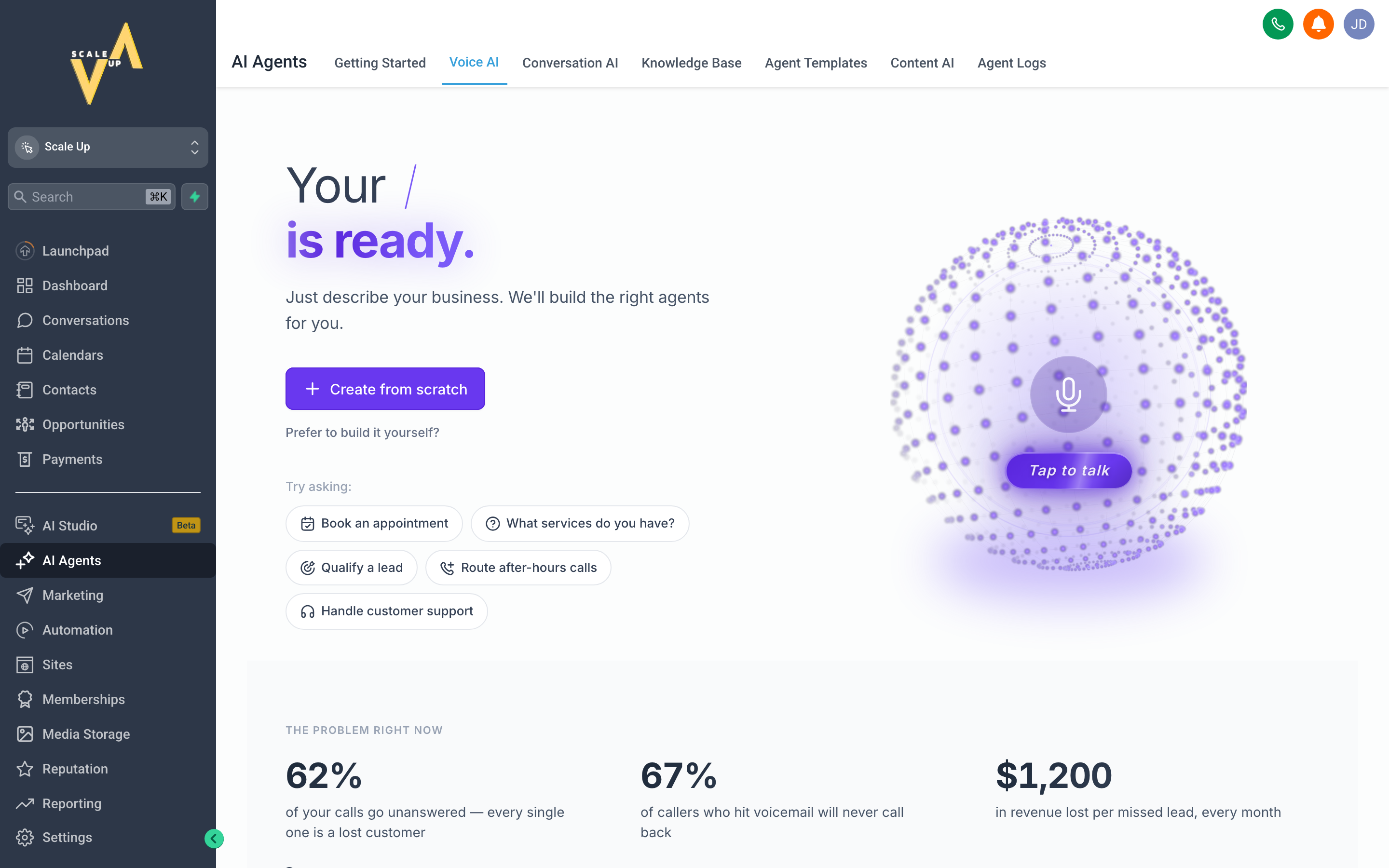 The Voice AI configuration screen showing the voice selection, call flow, and appointment booking settings