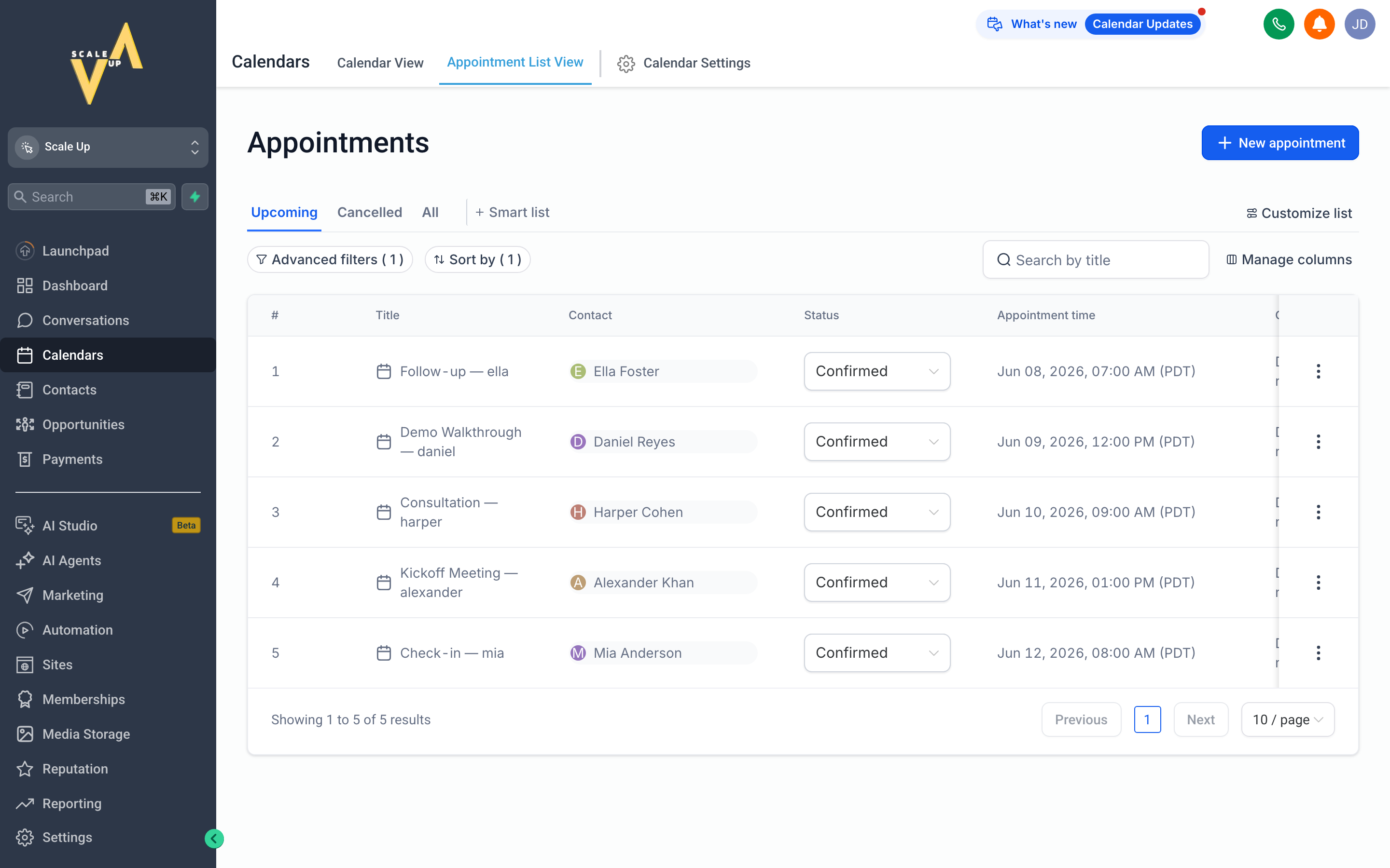 The Scale Up Appointments list showing a sortable table of bookings with columns for contact name, date, calendar, and status