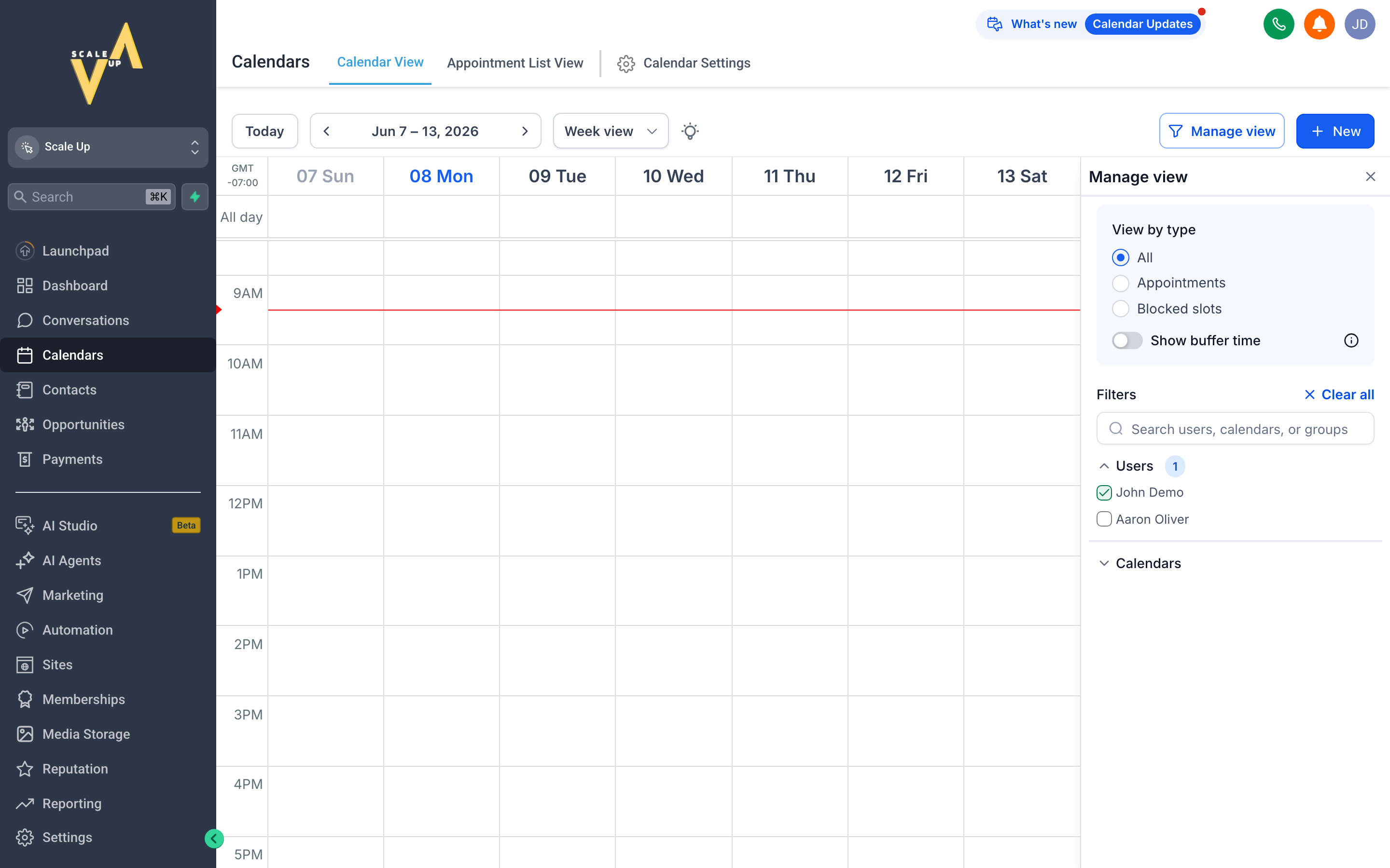 The Scale Up Calendars view showing a weekly calendar grid with color-coded appointment blocks