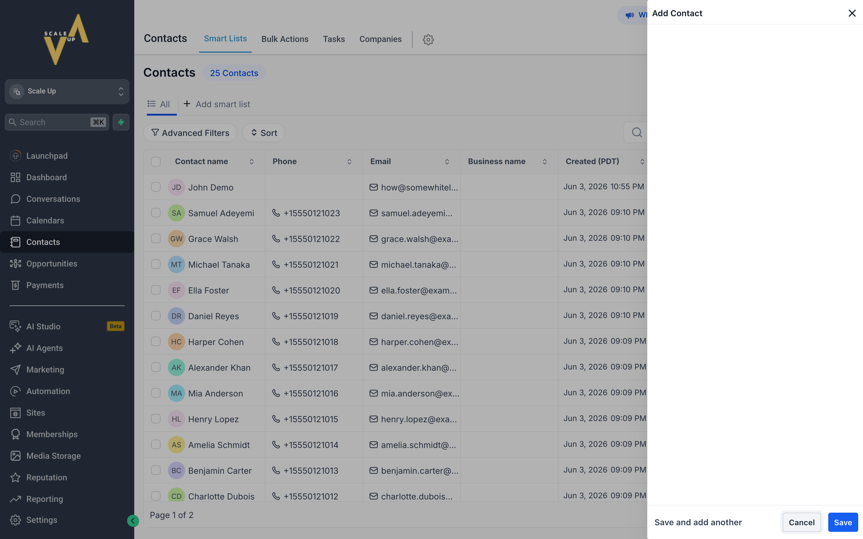 New Contact form panel with fields for name, phone, email, tags, and additional details