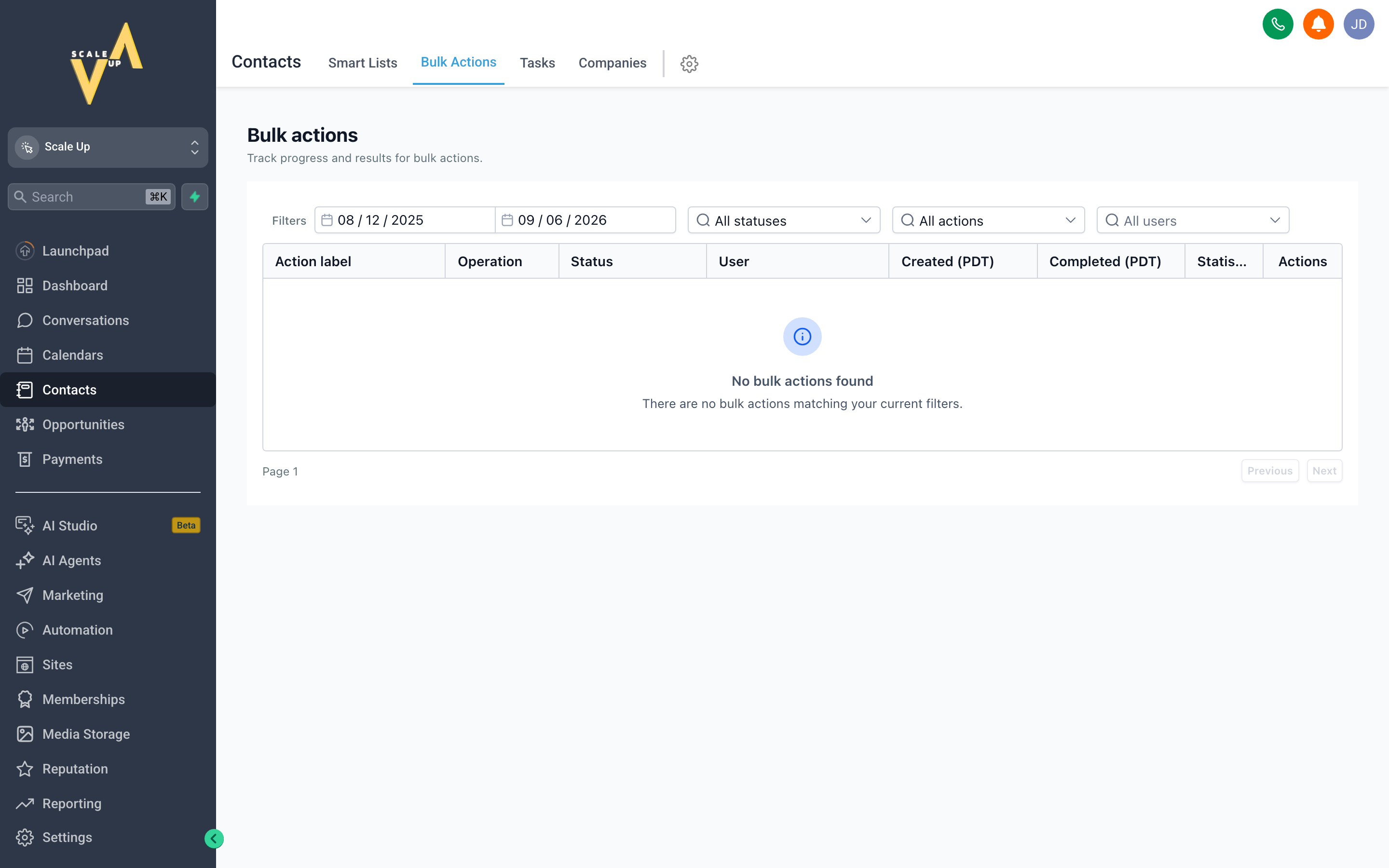 The Contacts list with multiple contacts selected via checkboxes, and the Bulk Actions menu open showing options to tag, export, add to workflow, or delete