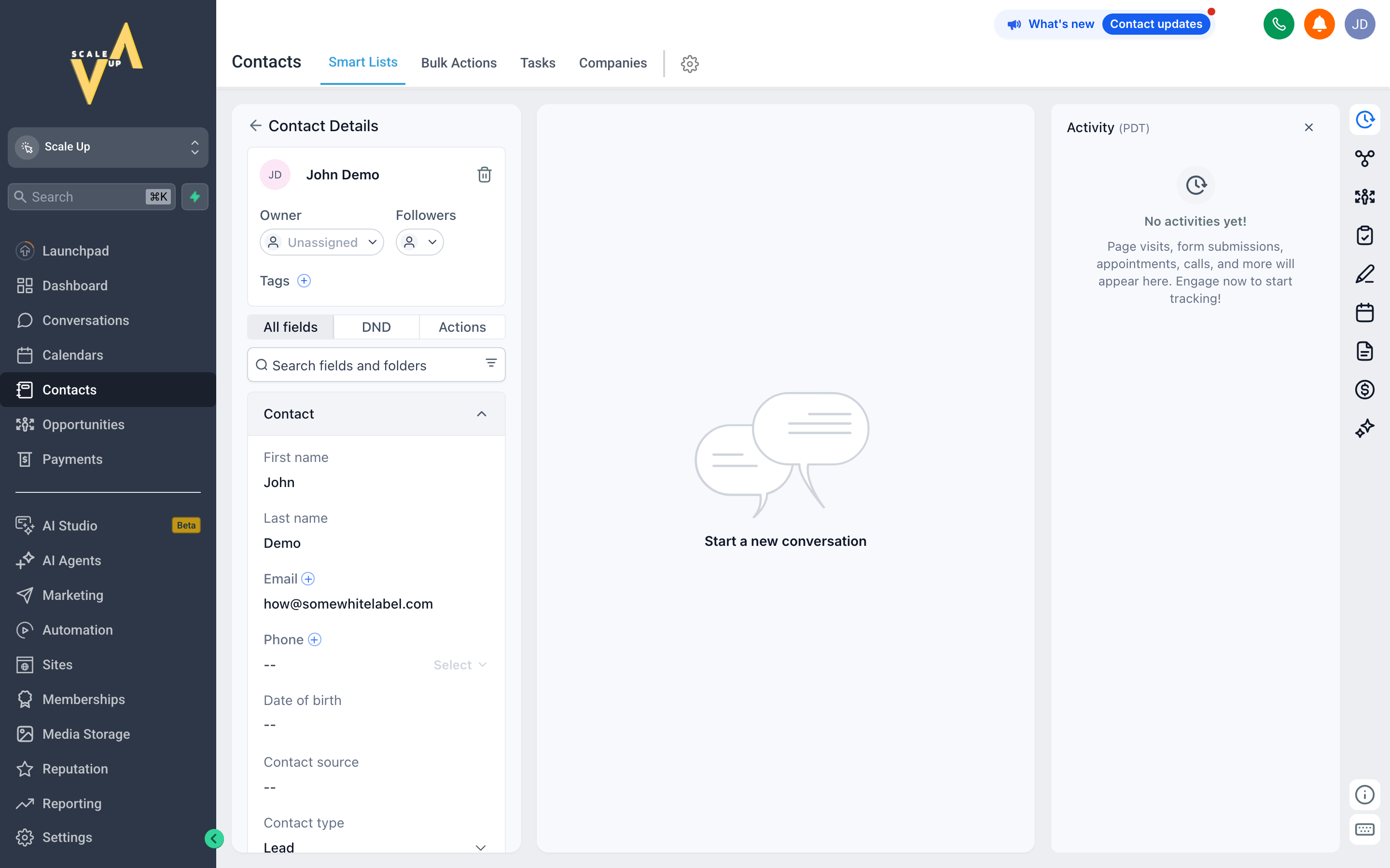 Full contact detail view showing profile fields, activity timeline, tags, opportunities, and conversation history