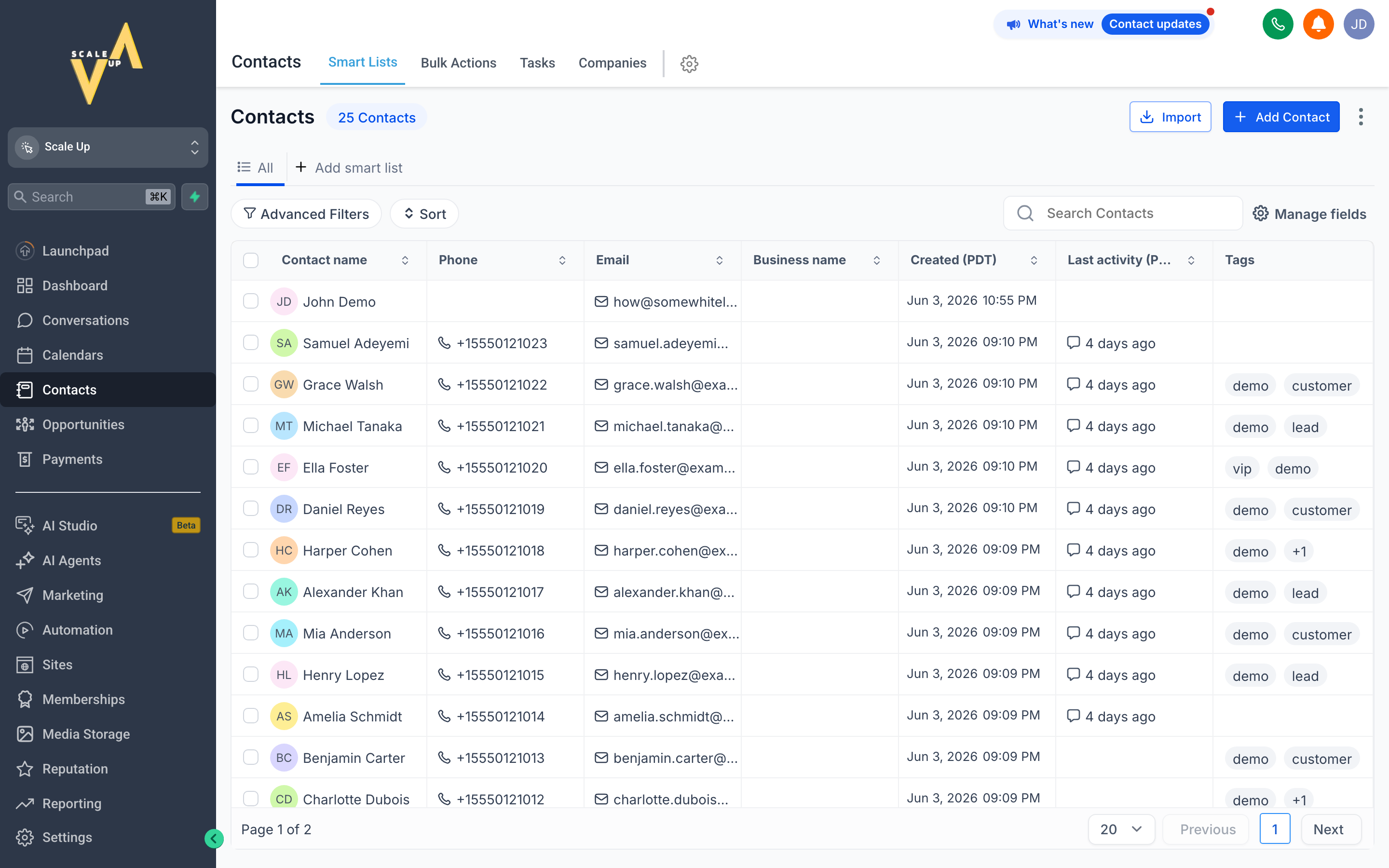 The Contacts list view showing a table of contacts with columns for name, phone, email, tags, and lead source