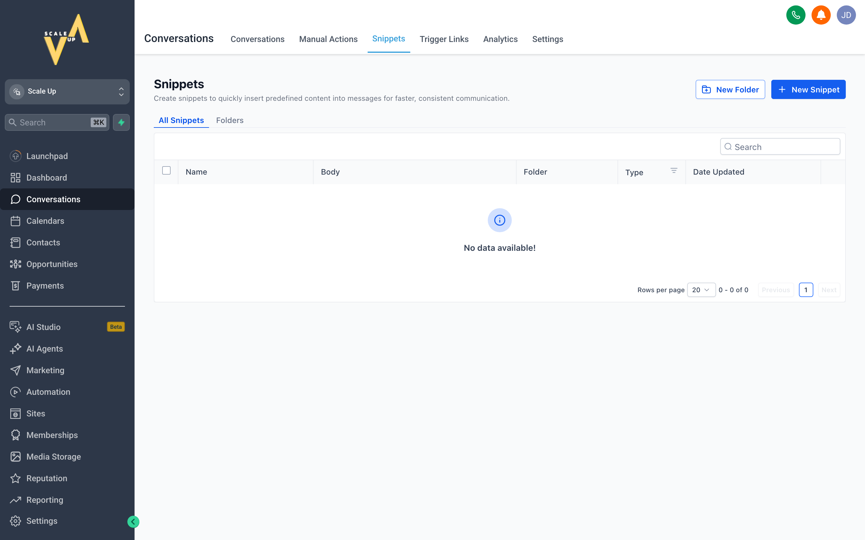 The Snippets panel open inside a conversation, showing a list of saved reply templates ready to insert