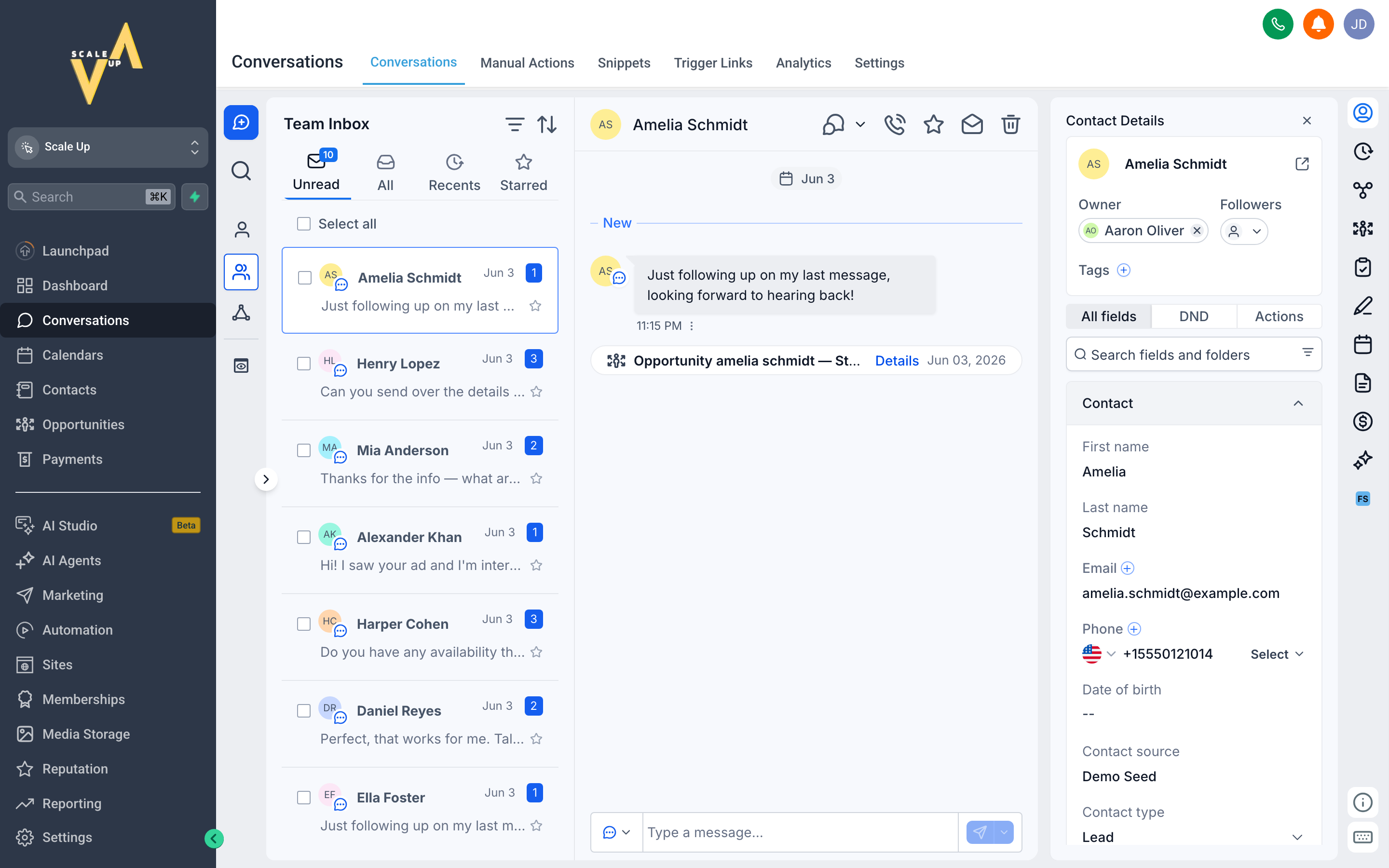 The Conversations inbox showing a list of message threads on the left and an open thread with a reply box on the right