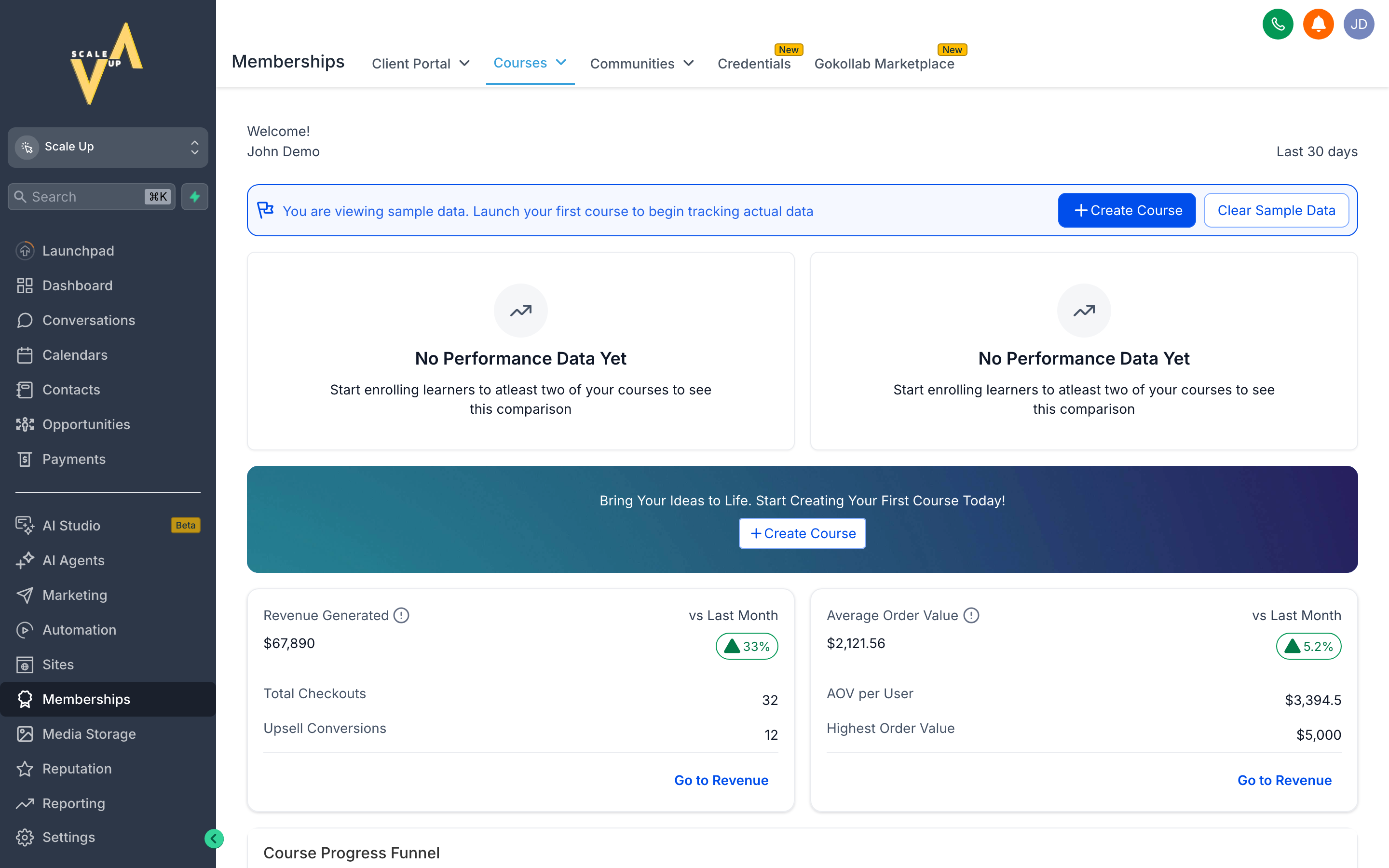 The Memberships hub showing a course library with published and draft courses, a Communities section, and a Certificates tab
