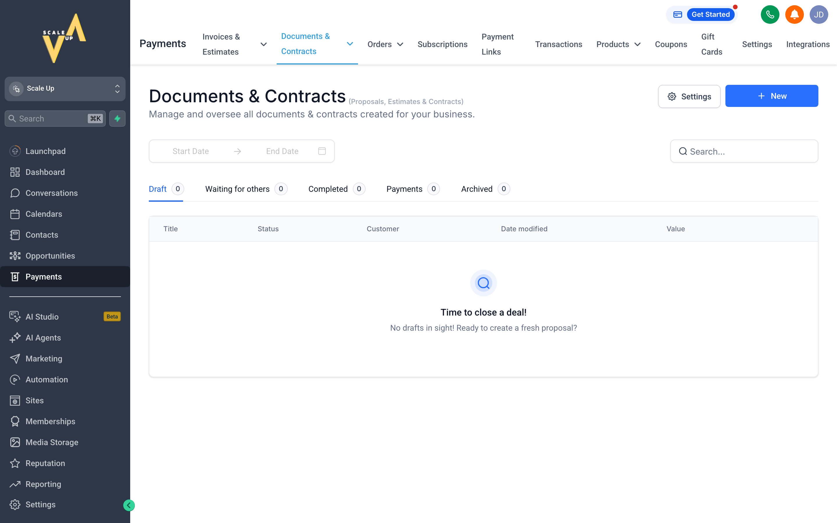 The Documents and Contracts screen showing a list of proposals and contracts with e-signature status
