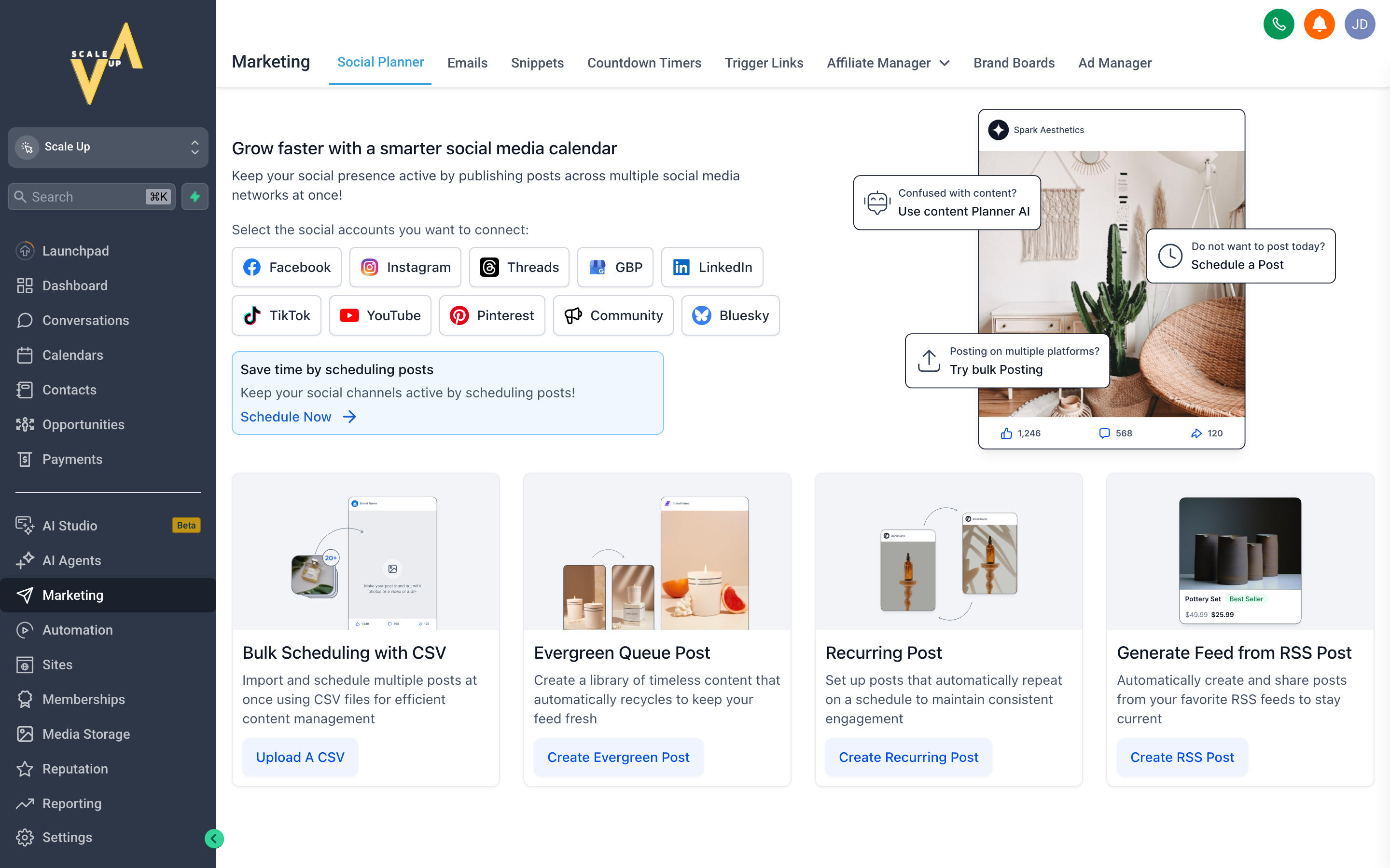 The Marketing section overview showing navigation links for Social Planner, Email Campaigns, Templates, Trigger Links, Affiliate Manager, and Brand Boards