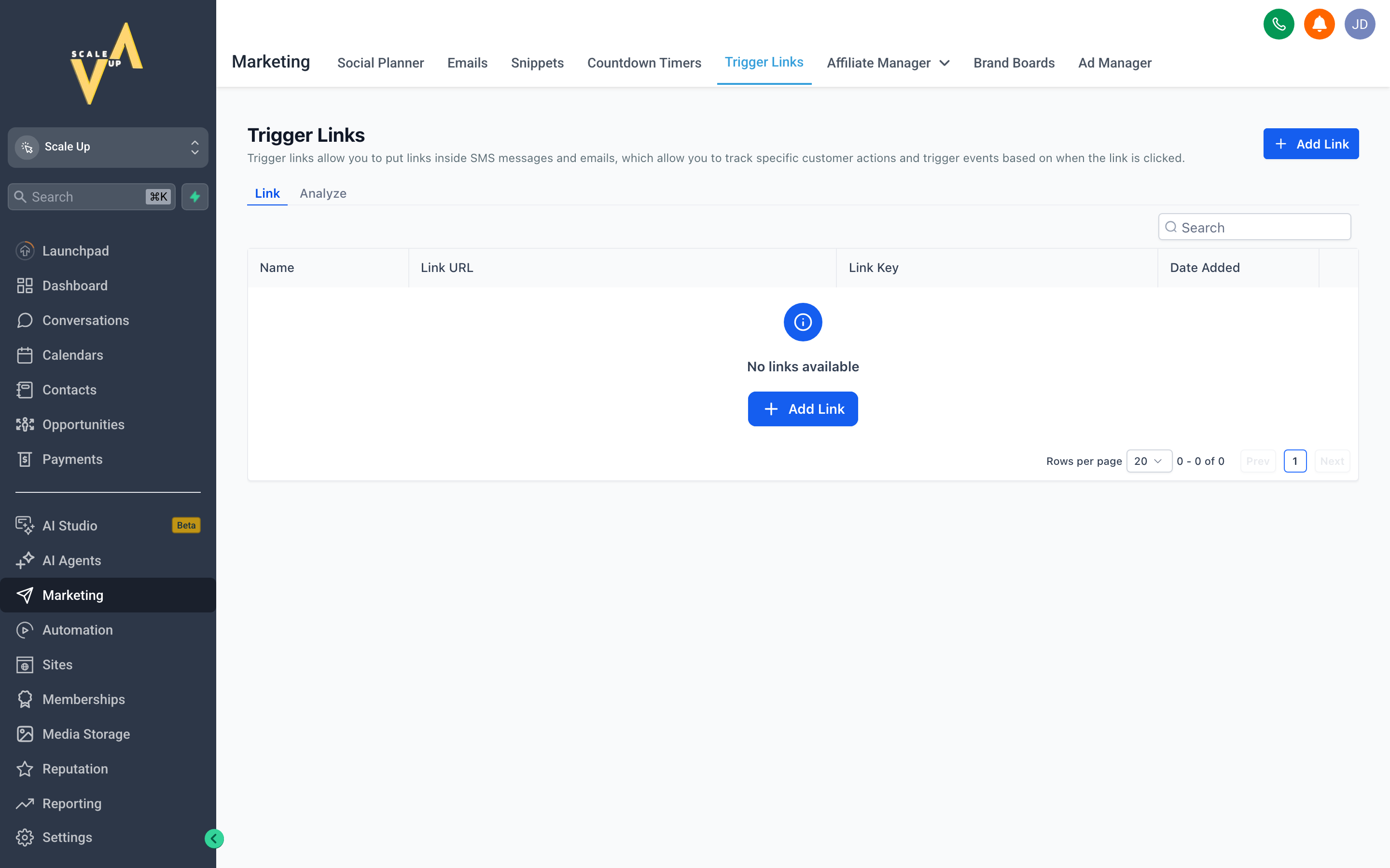 The Trigger Links manager showing a list of trackable links with their target URLs, associated workflows, and click counts
