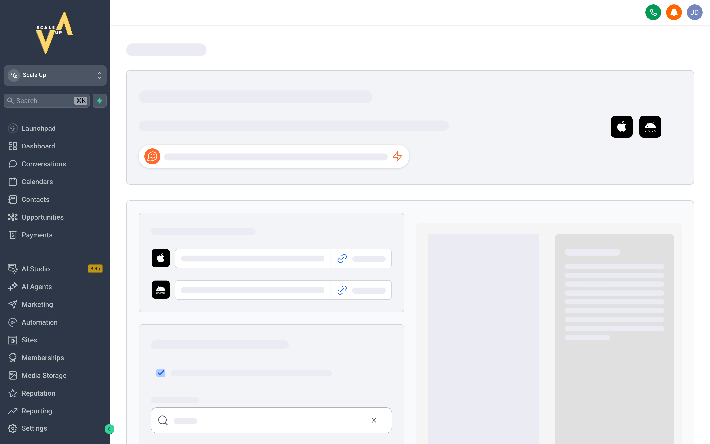 The mobile app home screen showing a conversations inbox, contact quick-actions, upcoming appointments, and a notification badge for new leads