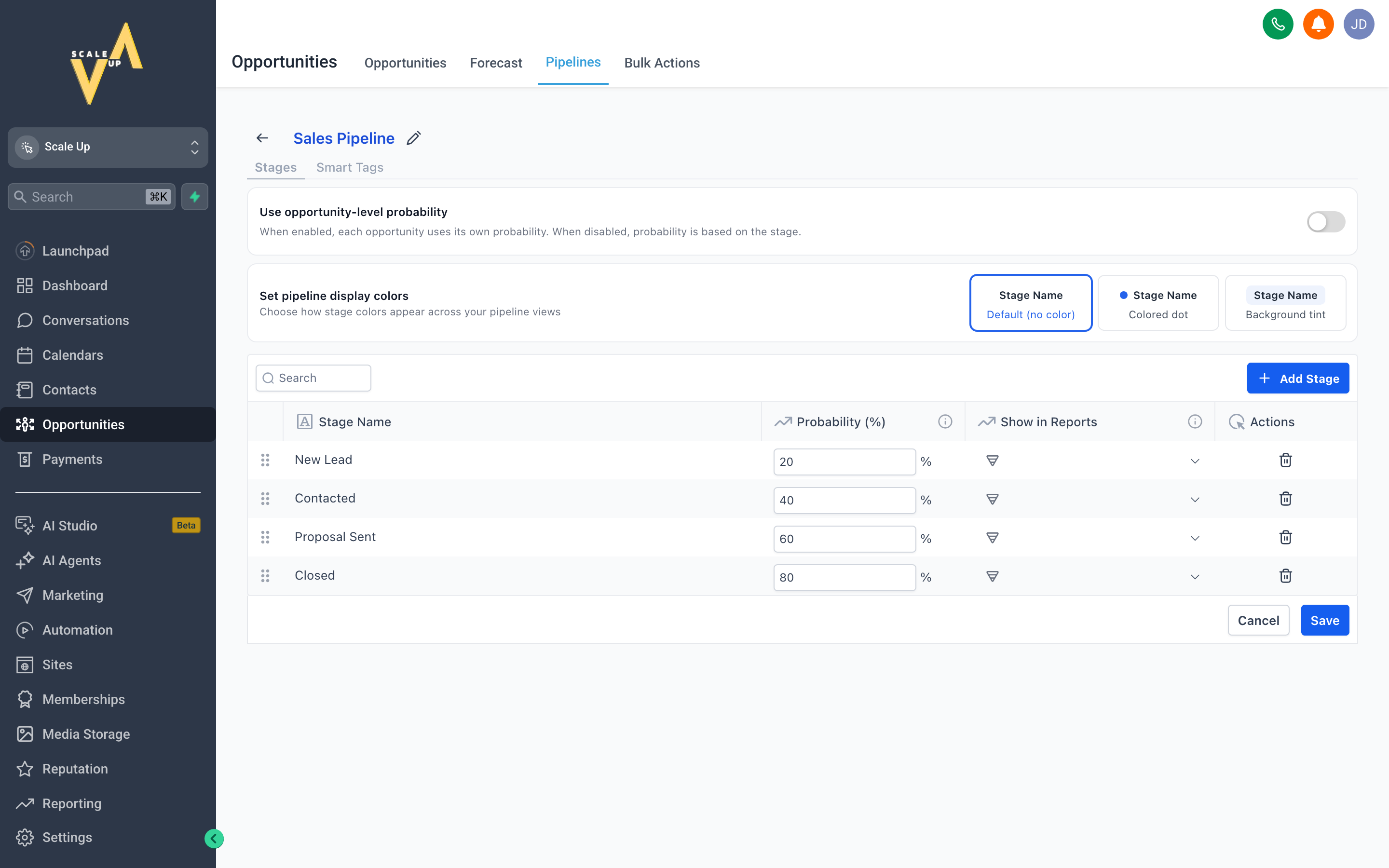 Pipeline stage settings showing display-color options, per-stage probability, and report-visibility toggles