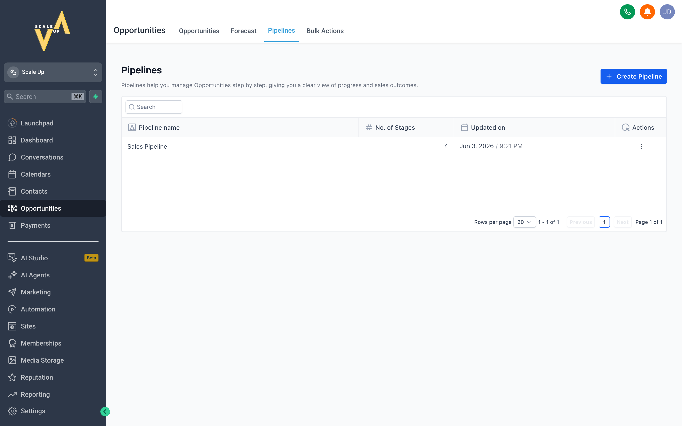 The Scale Up pipeline settings screen showing a list of pipelines and their editable stage names
