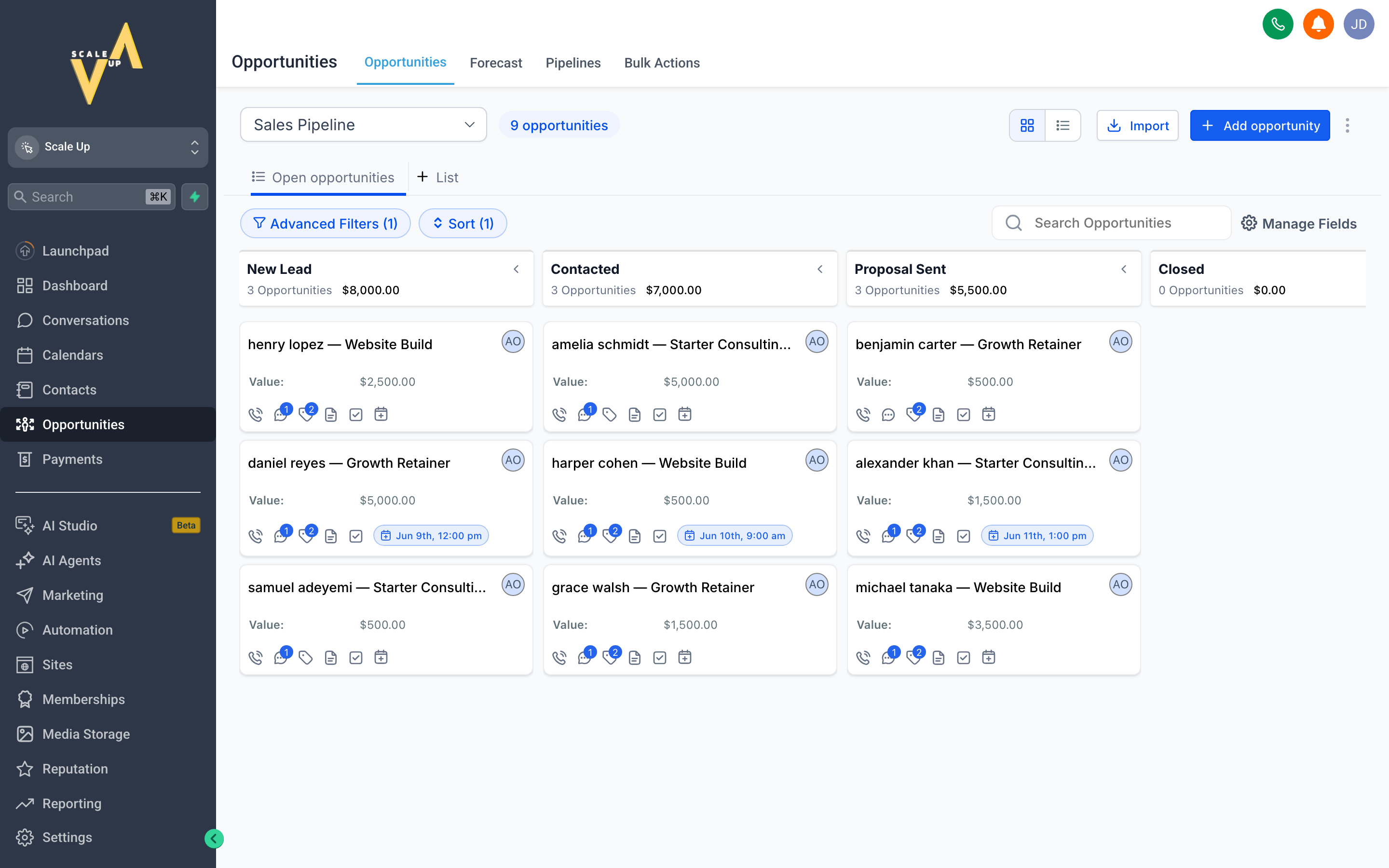 The Scale Up Opportunities screen showing a Kanban pipeline board with deal cards in stage columns
