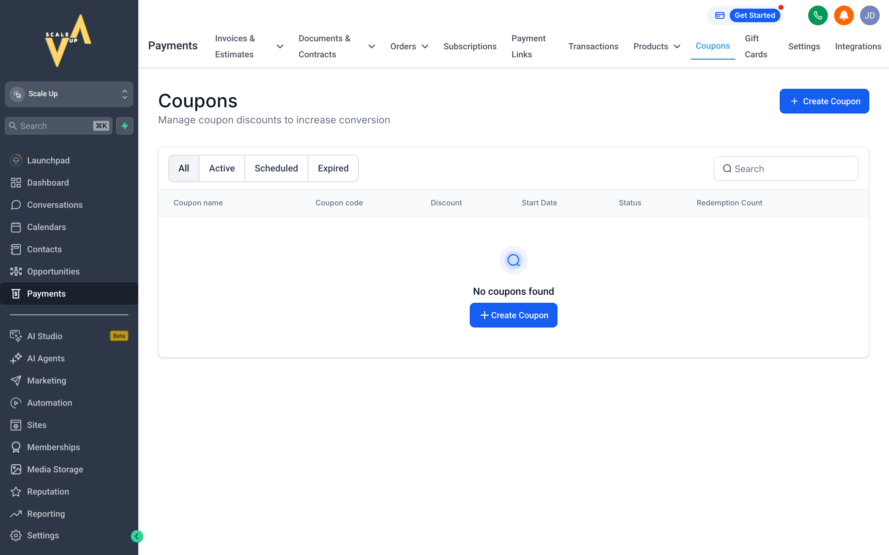 The Coupons tab showing a list of discount codes with usage limits and expiry dates