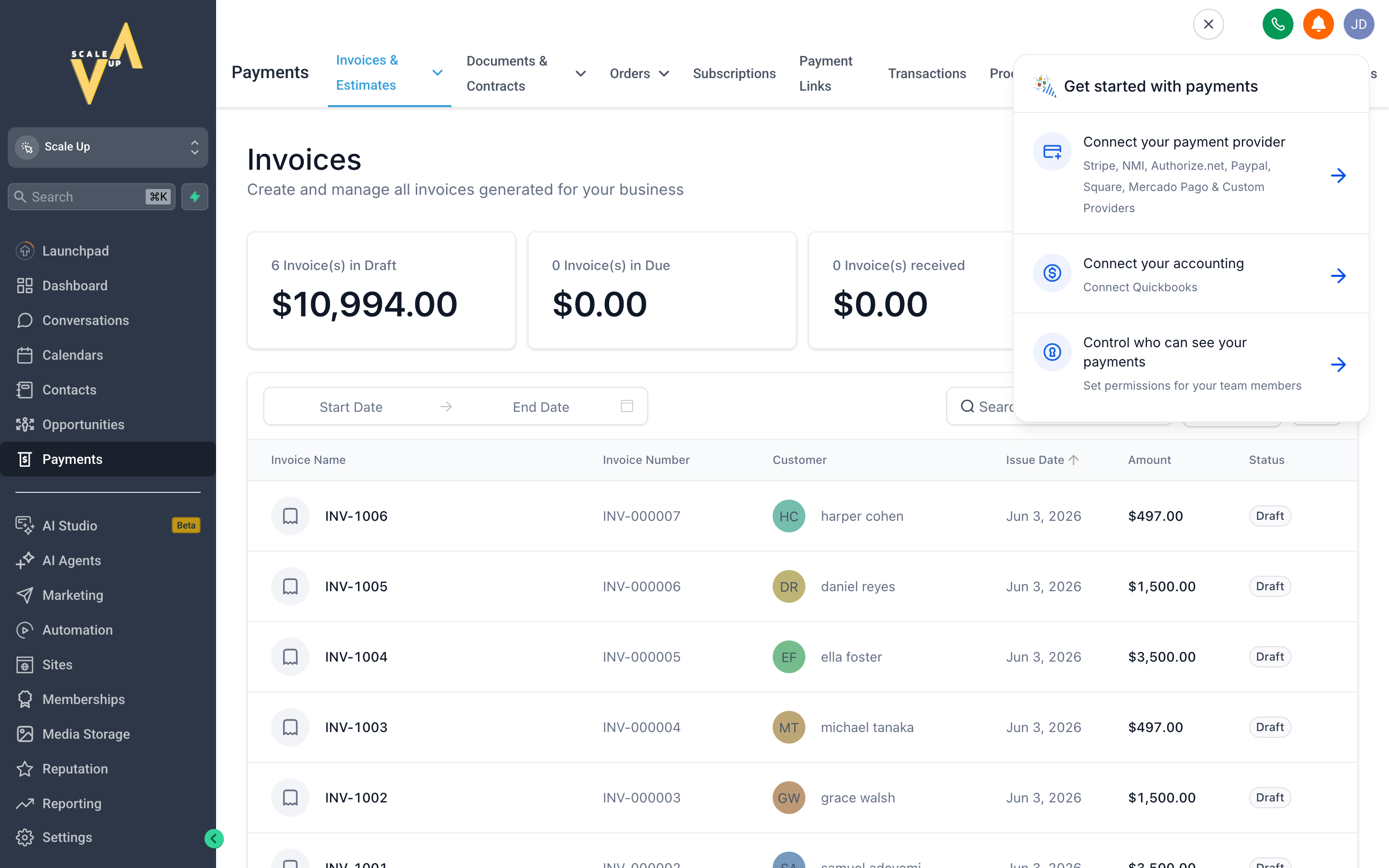 The Payments overview screen showing the Invoices tab with a list of draft, sent, and paid invoices