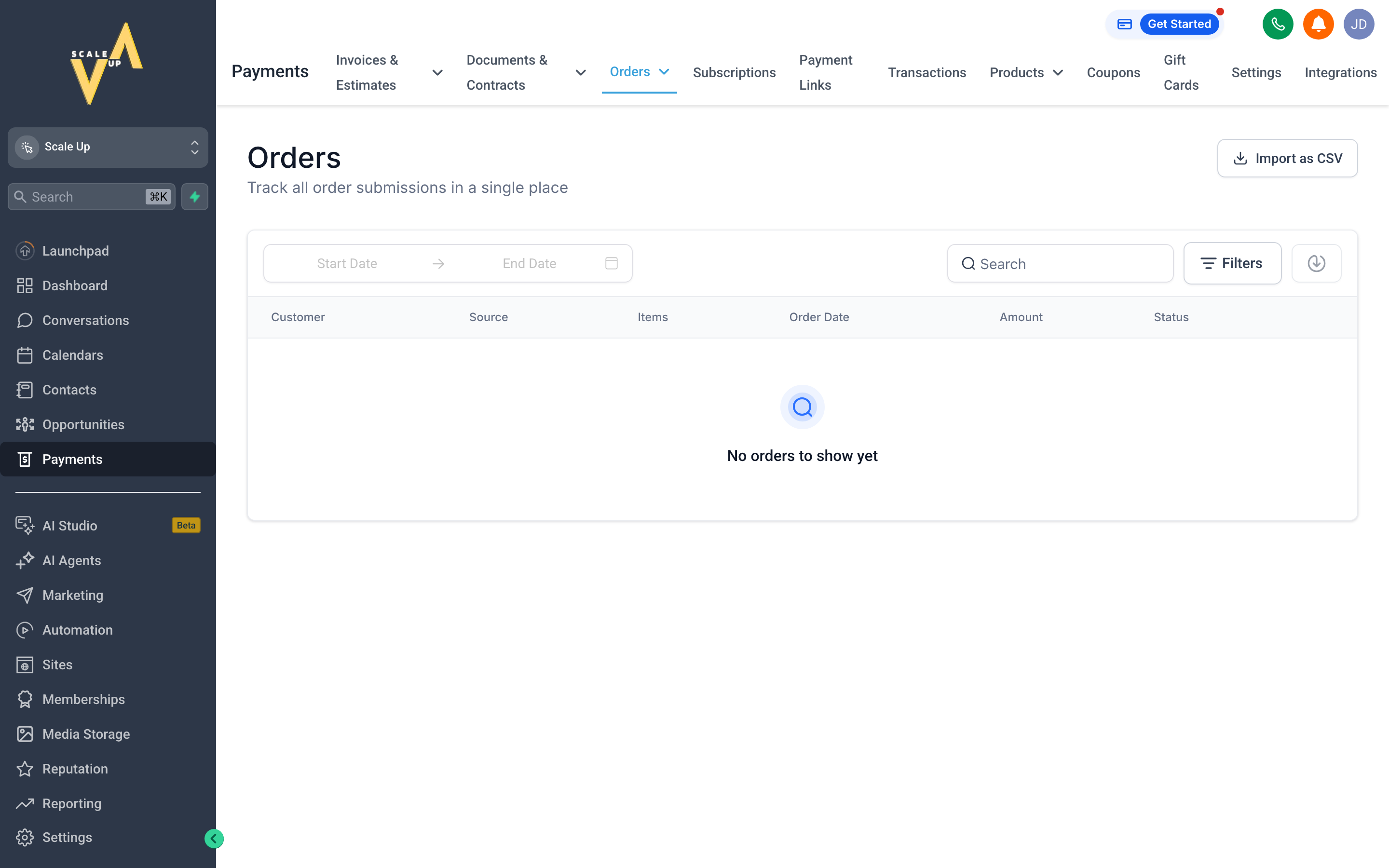 The Orders tab showing a list of completed purchases with contact names, products, and totals