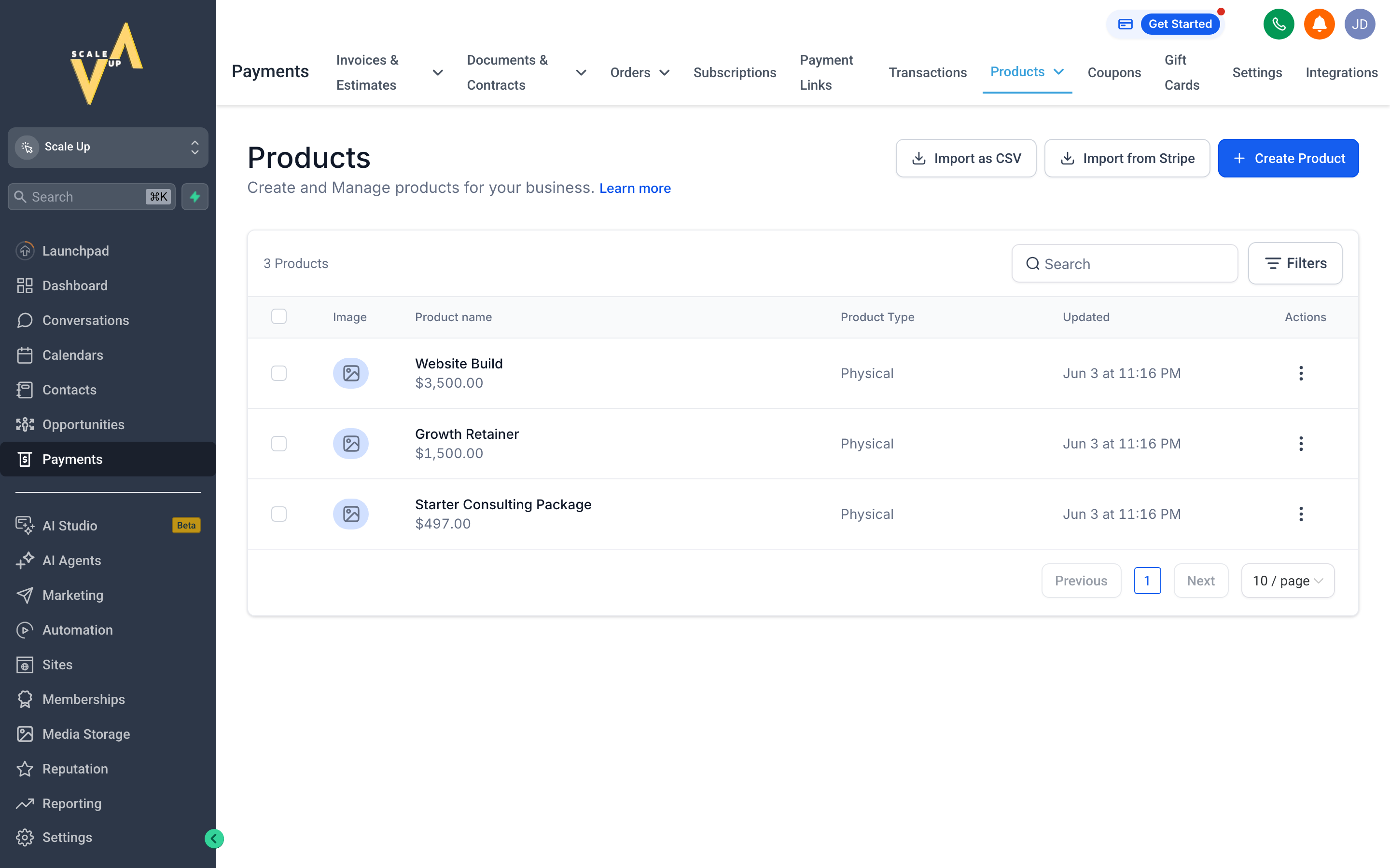 The Products tab showing a catalog of services with names, descriptions, and prices