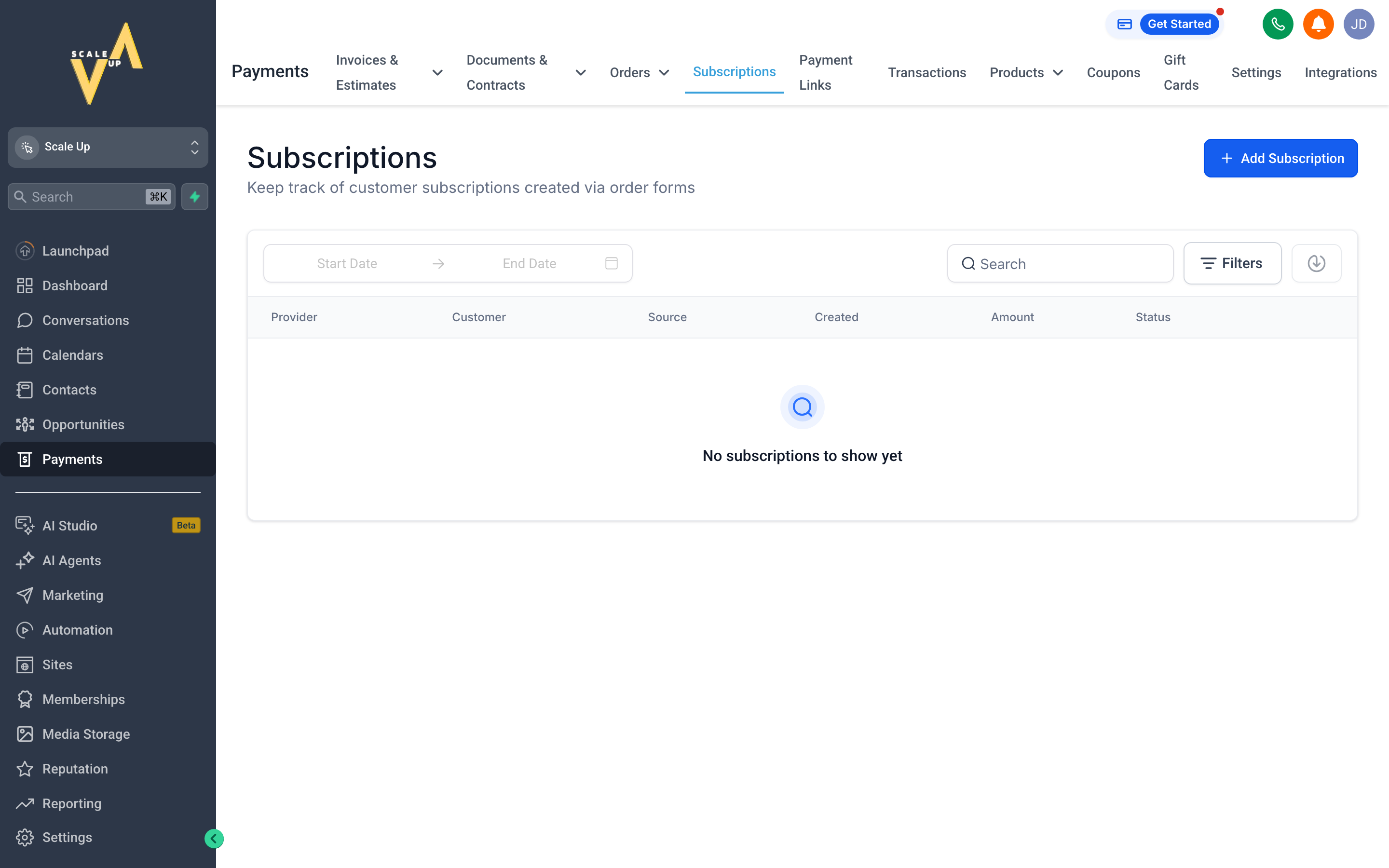 The Subscriptions tab showing a list of active recurring billing plans with renewal dates