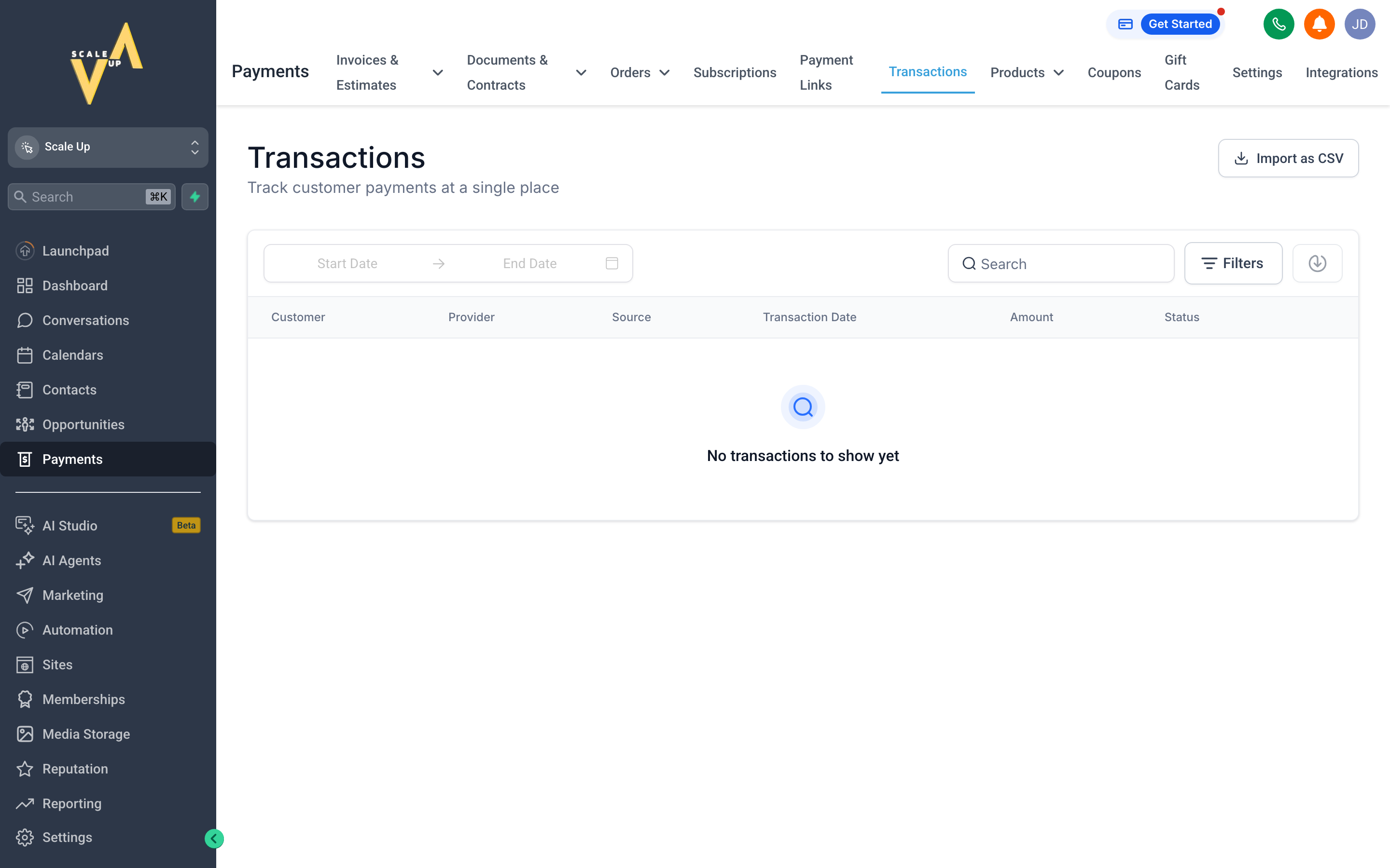 The Transactions tab showing a detailed ledger of money in and out across all payment methods
