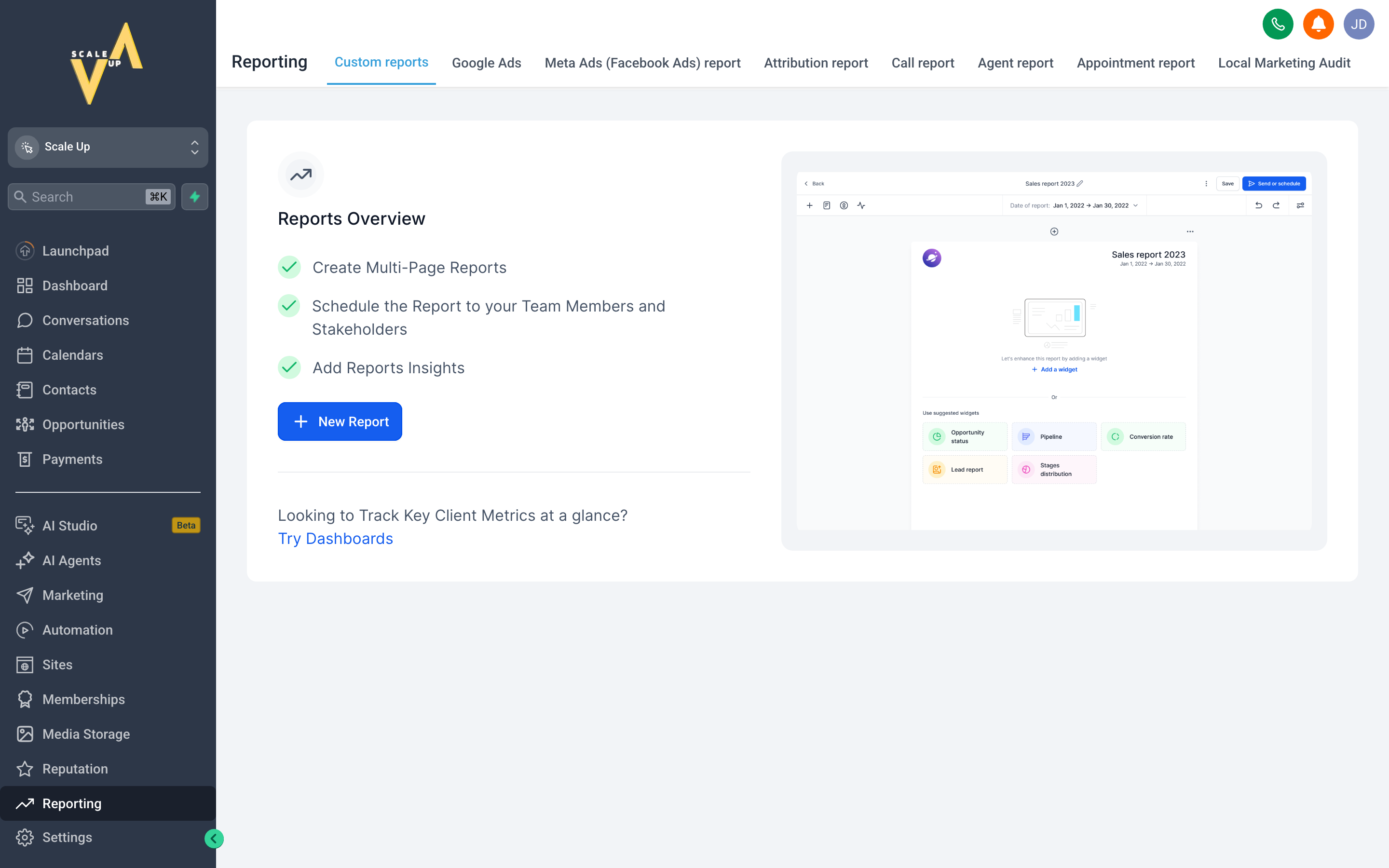 The Reporting hub overview showing summary cards for appointments, pipeline revenue, and conversion rate, with a date range selector and navigation tabs for different report types