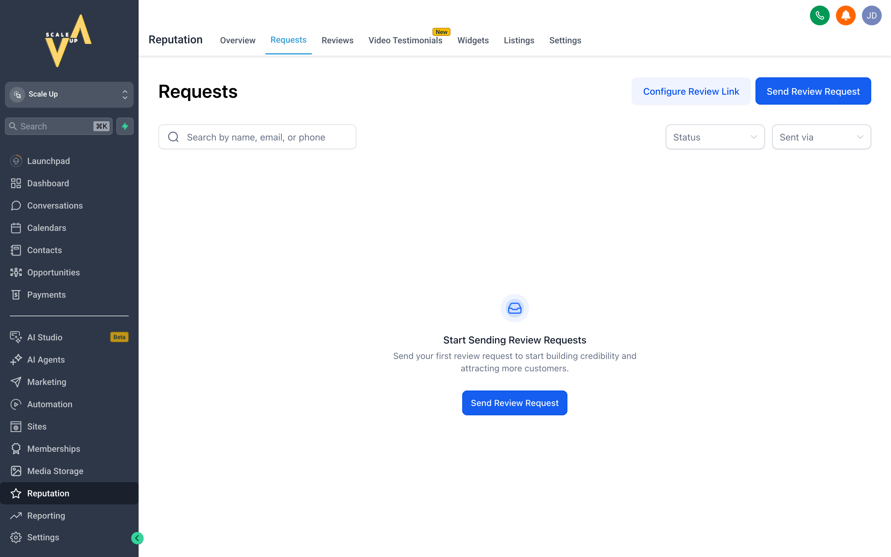 The Scale Up Reputation review requests screen showing a contact search field, SMS and email channel options, and a send button