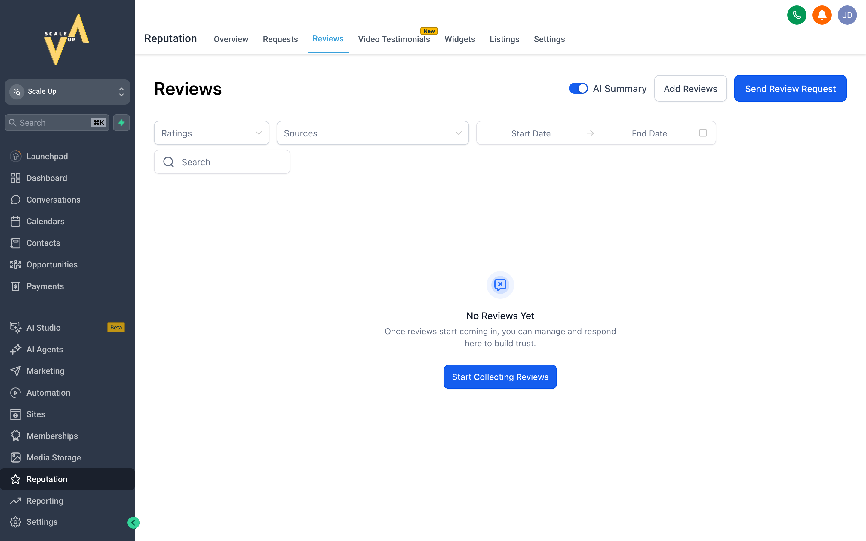 The Scale Up Reputation reviews screen showing a list of incoming reviews with star ratings, review text, and reply fields