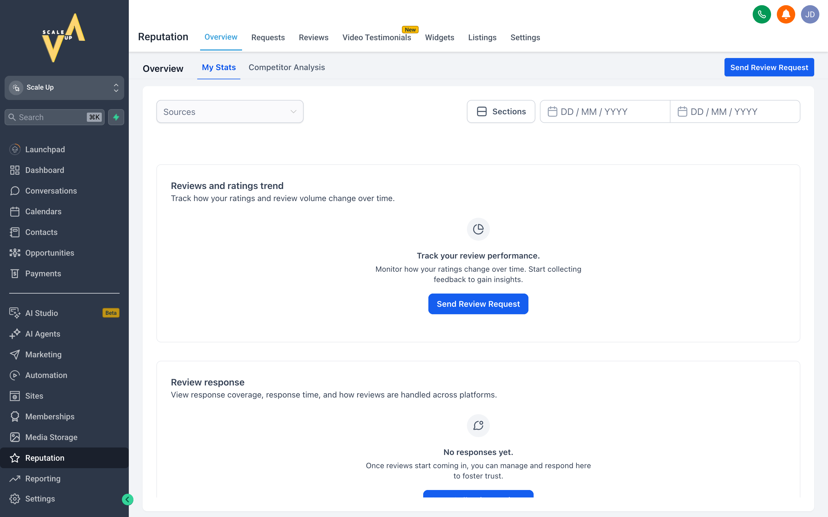 The Scale Up Reputation overview dashboard showing overall star rating, total review count, and a breakdown by platform