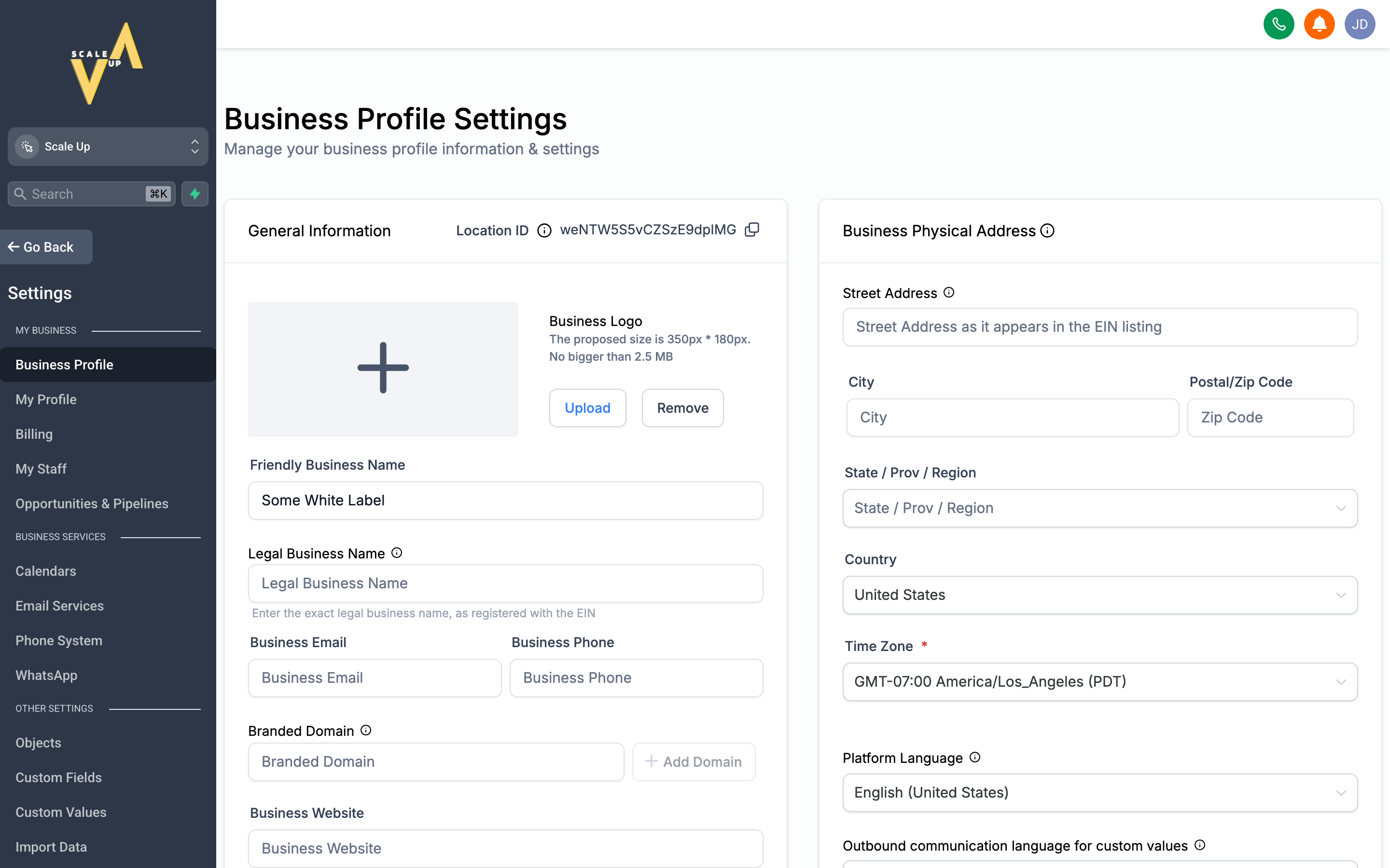 The Business Info settings page showing fields for company name, address, phone, website, and business hours