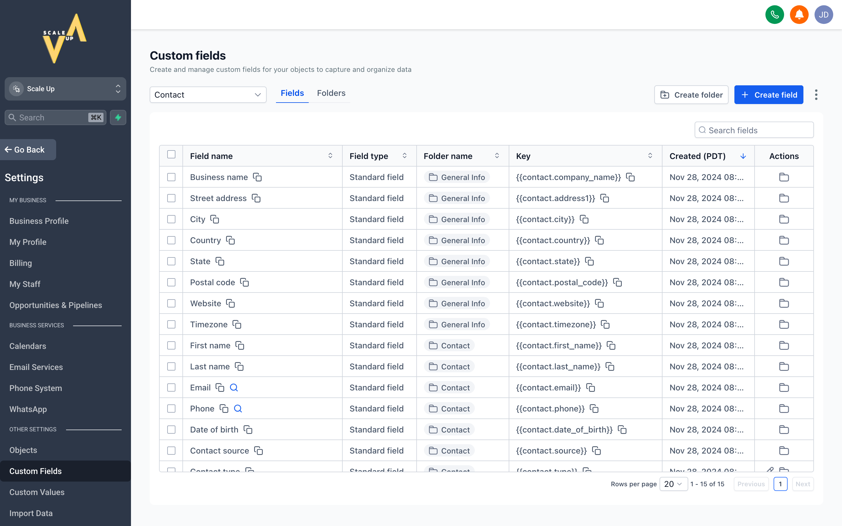 The Custom Fields settings page showing a list of contact fields with their types and labels