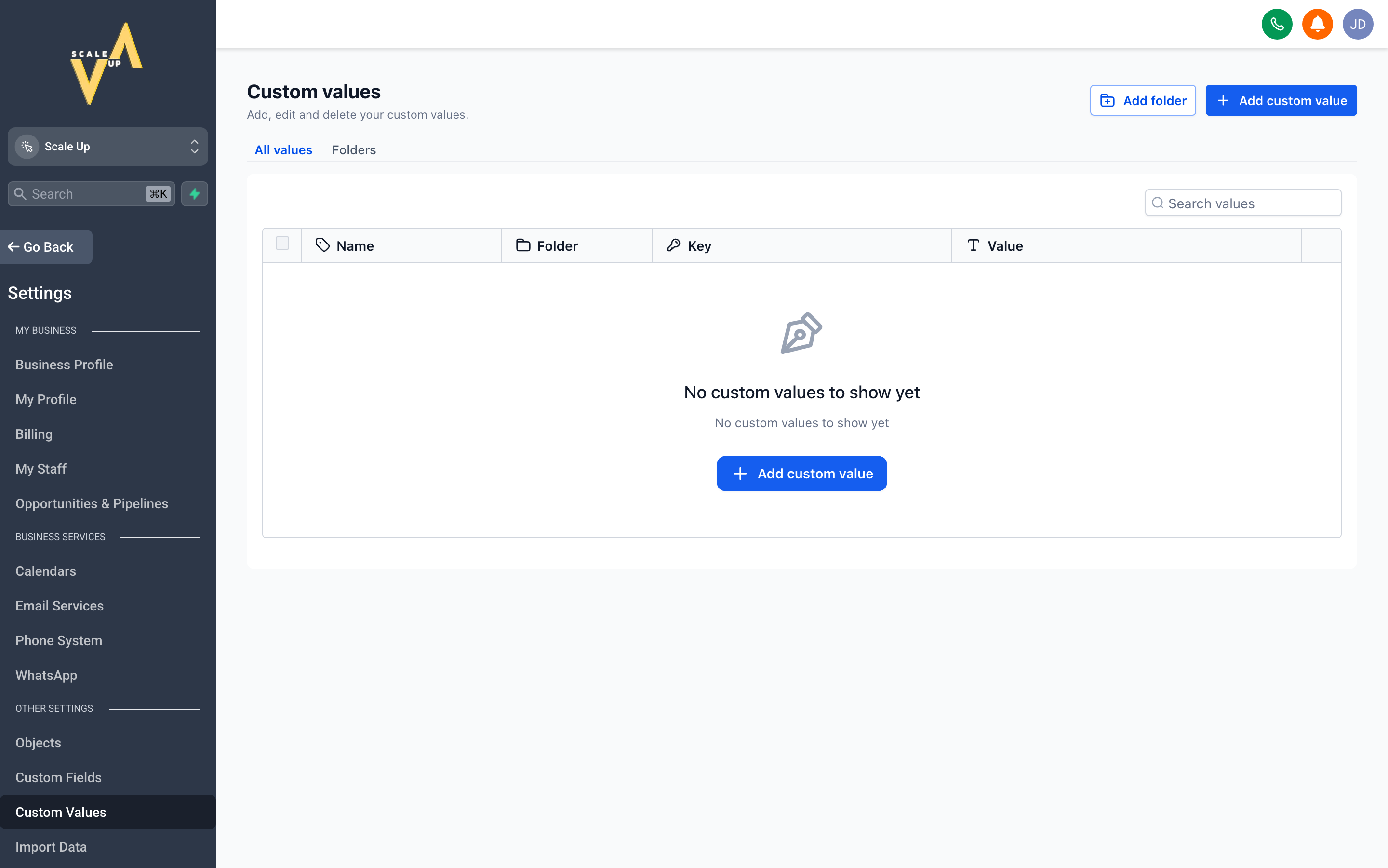 The Custom Values settings page showing a list of reusable variable names and their current values