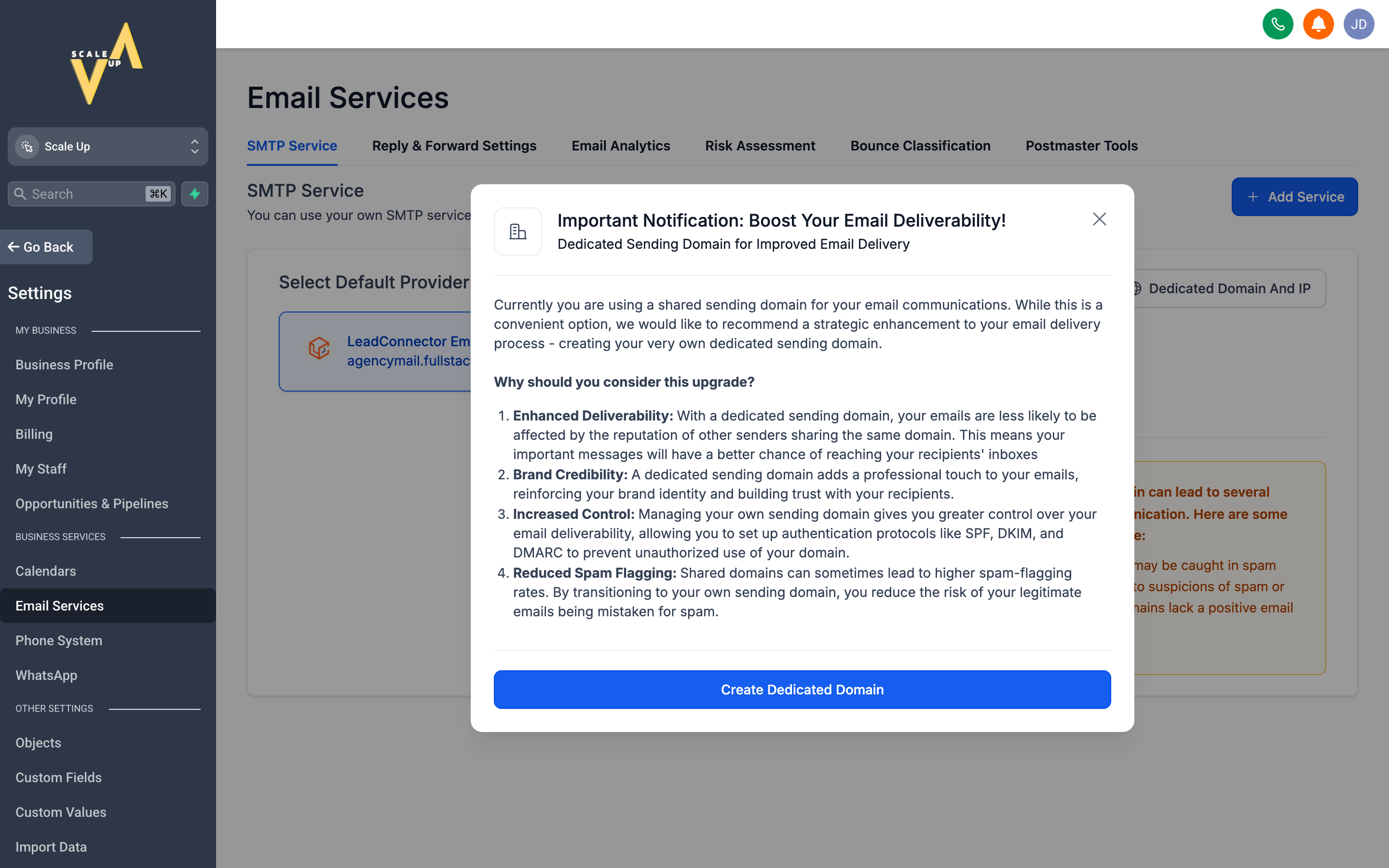 The Email Settings page showing a connected sending domain, DKIM verification status, and SMTP configuration options