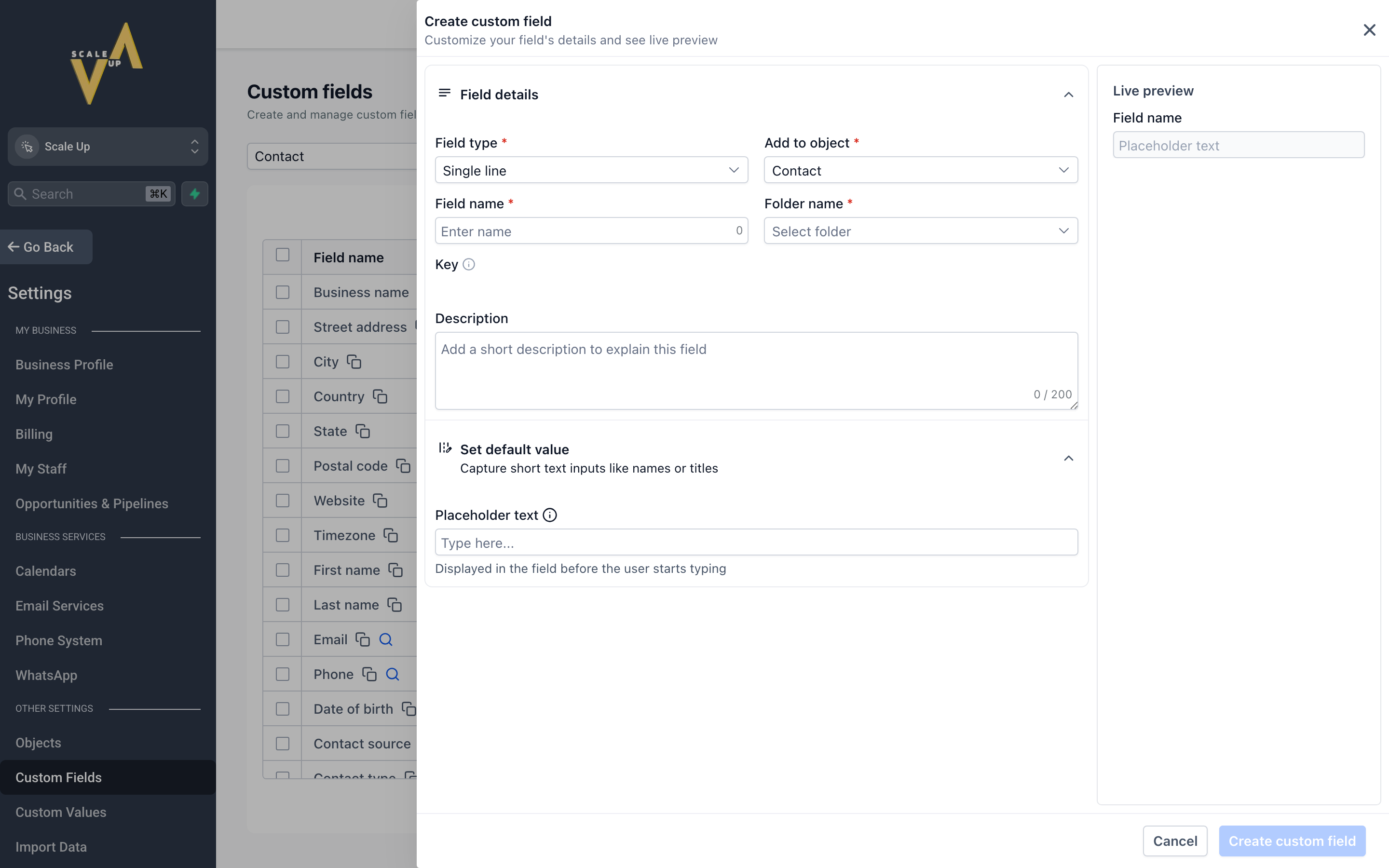 New custom field dialog showing the label input, field type selector, and options for applying the field to contacts or opportunities