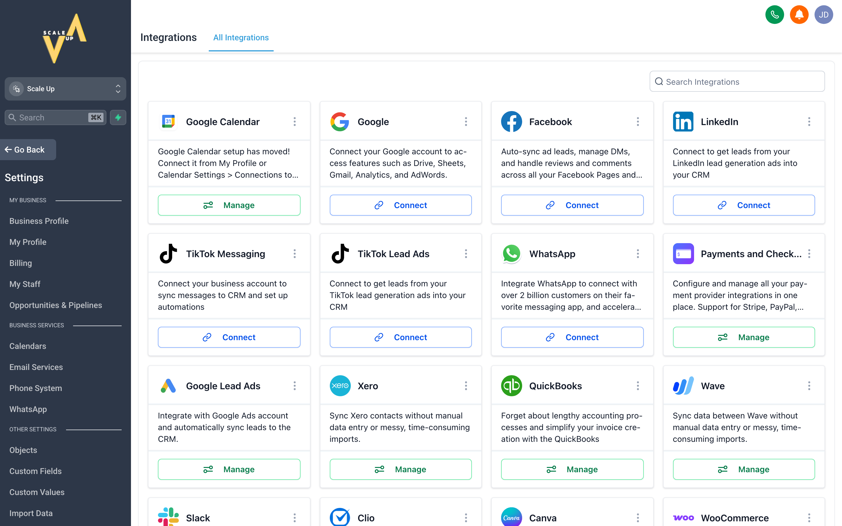 The Integrations settings page showing a grid of available app integrations with connection status indicators