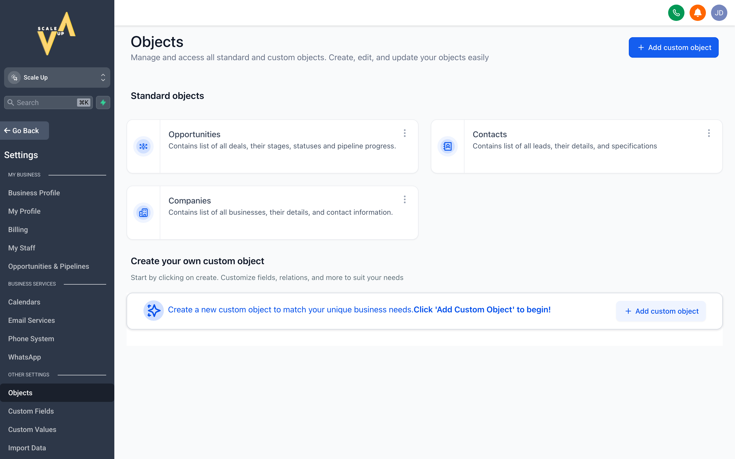 The Custom Objects settings page showing a list of object types with their fields and relationship definitions