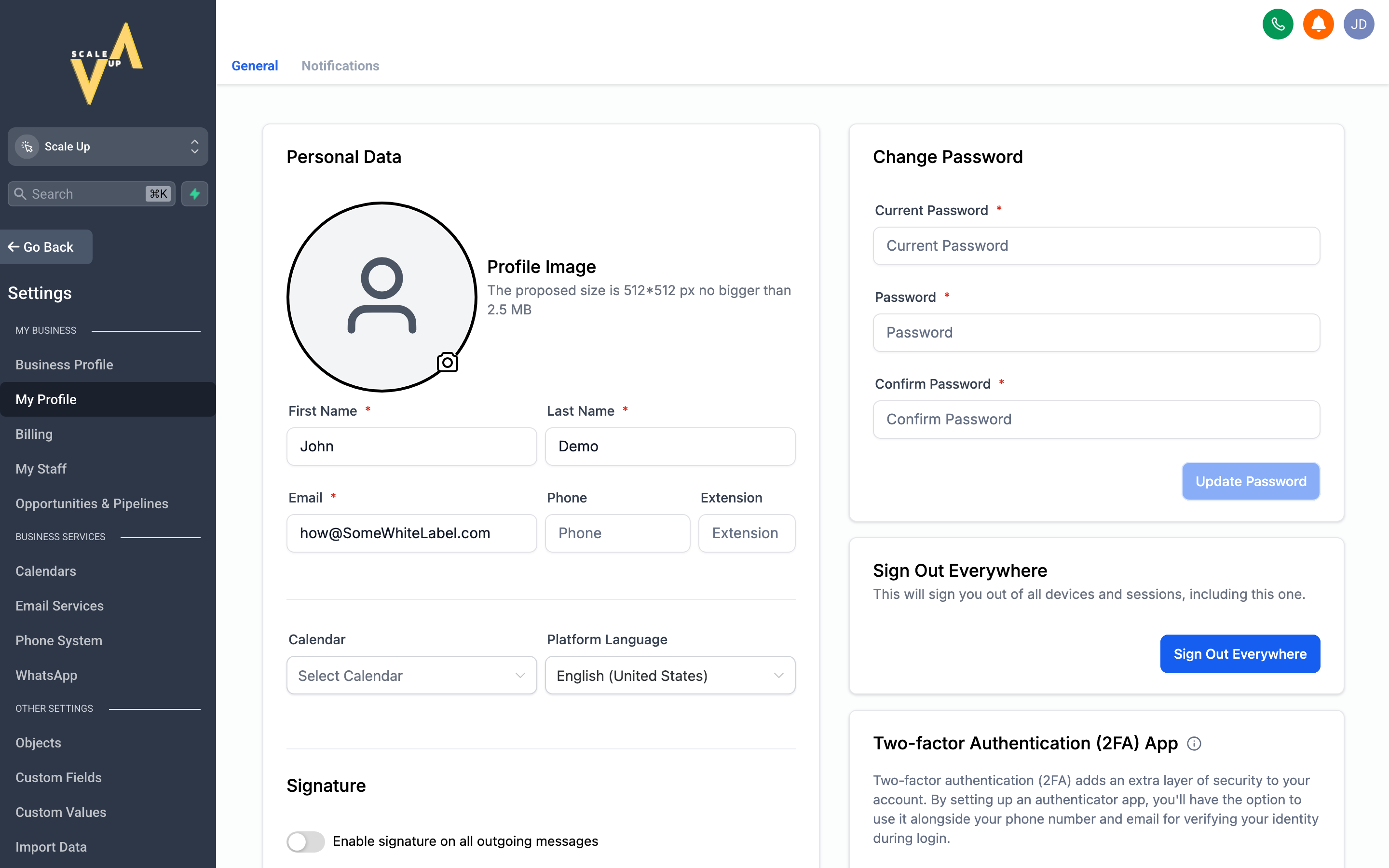The My Profile page with fields for name, email, password, notification preferences, and email signature