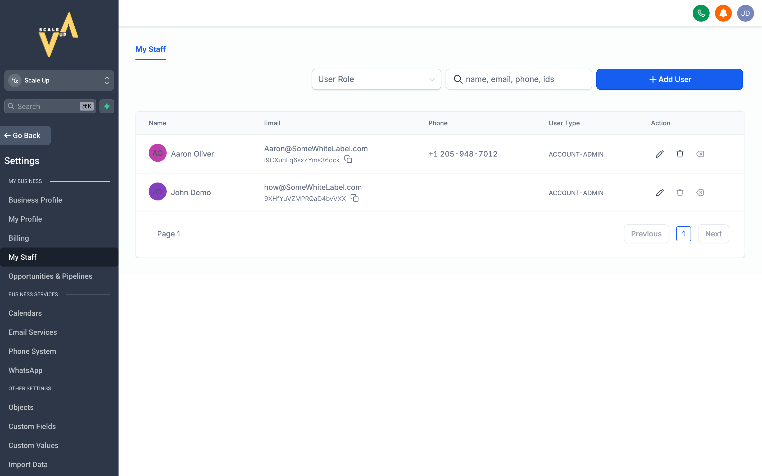 The My Staff page showing a list of team members with their names, email addresses, roles, and an Add Employee button