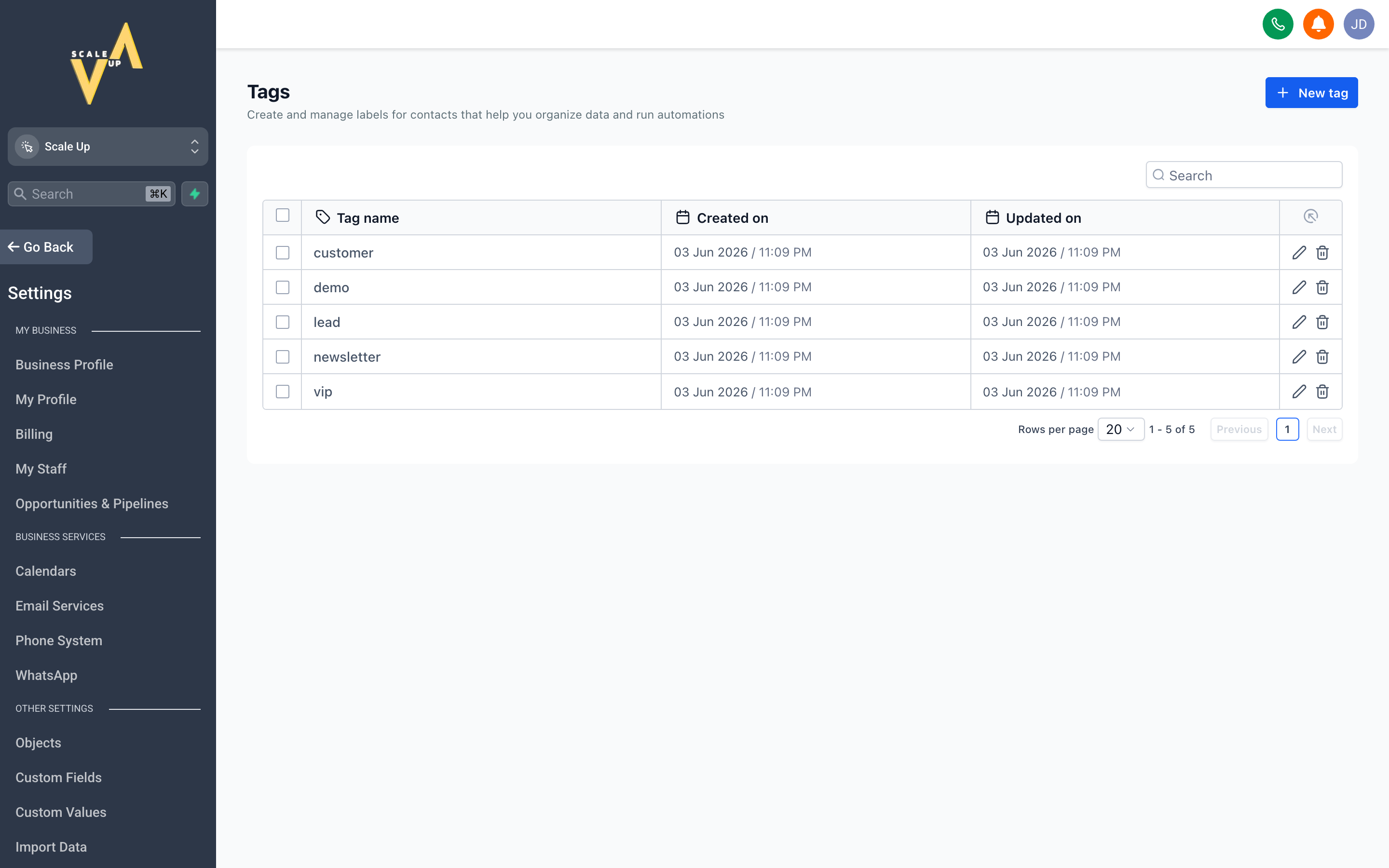 The Tags settings page showing a searchable list of tags used across the account with contact counts