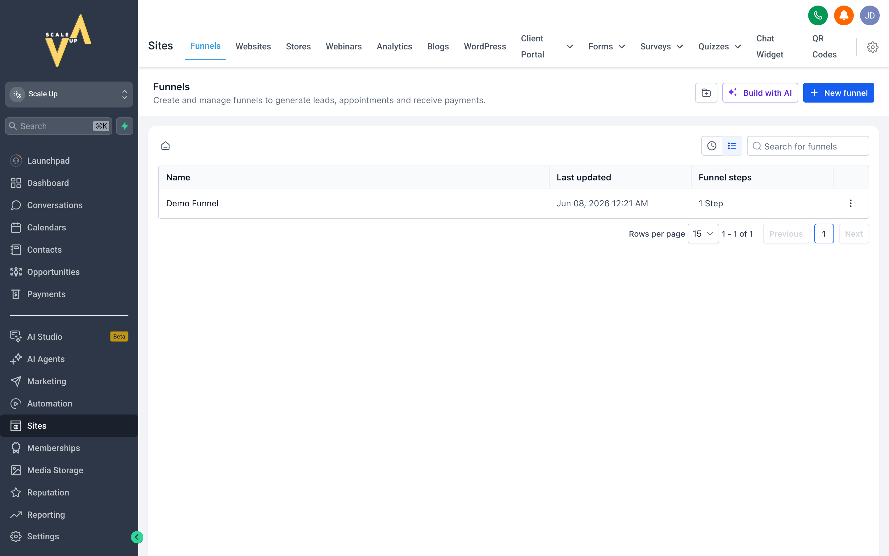 The Funnels list view showing multiple funnel entries with step counts, traffic stats, and options to edit or preview each