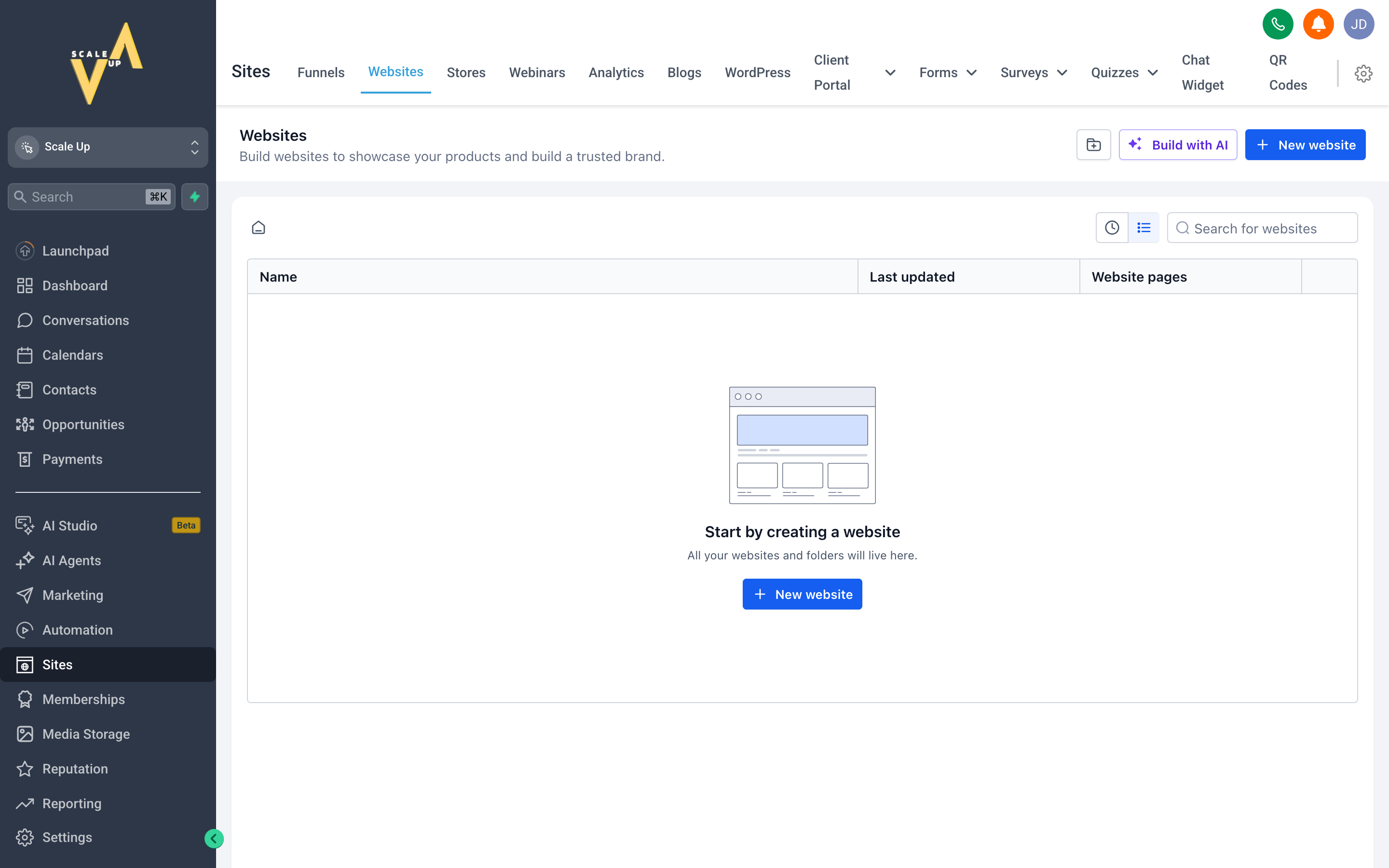 The Websites builder showing a multi-page website with navigation, hero section, and page management sidebar